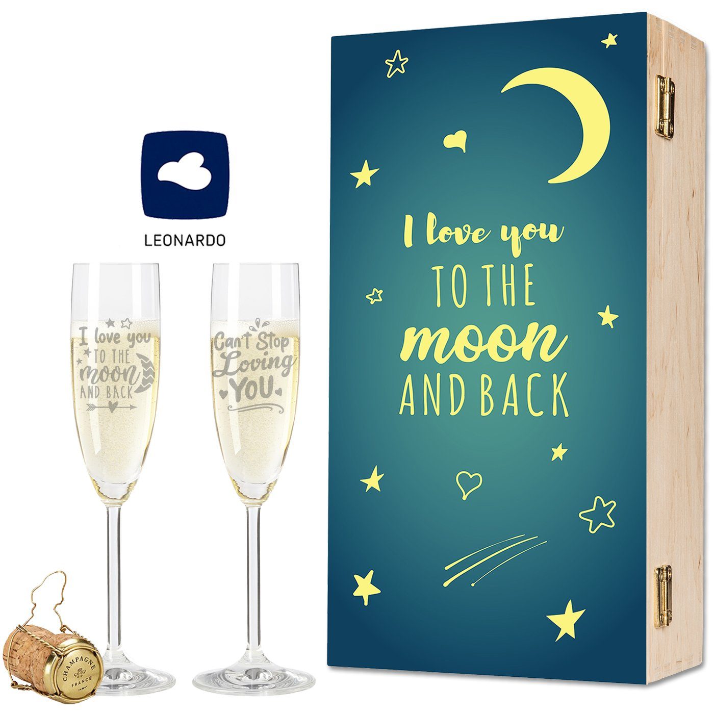 GRAVURZEILE Sektglas Set mit Gravur im - I Love You to the Moon and Back - Sektgläser, Glas