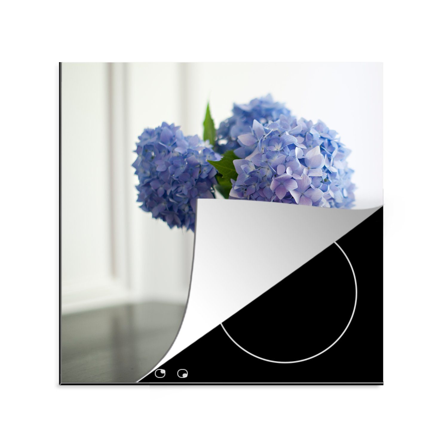MuchoWow Herdblende-/Abdeckplatte Blaue (1 küche für in cm, Arbeitsplatte Vinyl, Ceranfeldabdeckung, tlg), 78x78 Vase, Hortensien