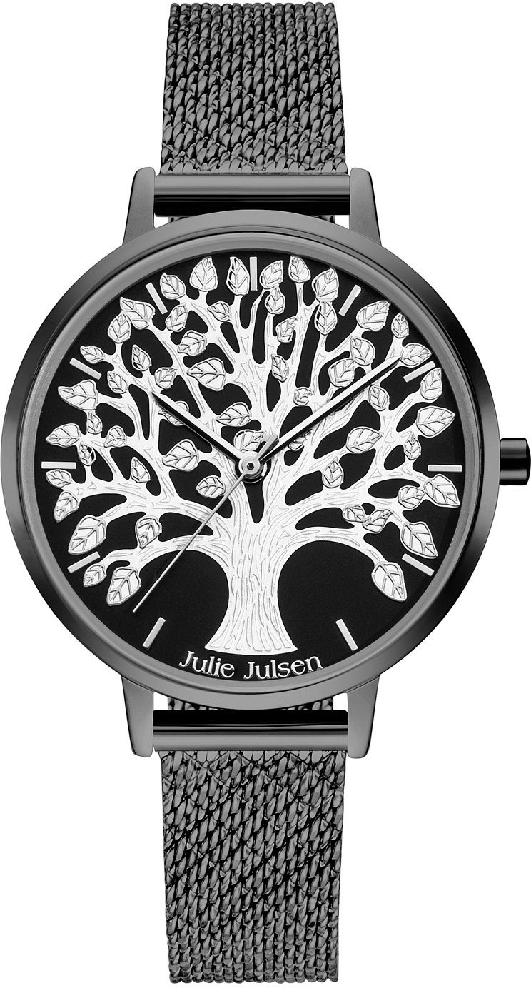 Julie Julsen Quarzuhr Tree of Life Black, JJW1277BLKME, Armbanduhr, Damenuhr, PVD-beschichtet, Mineralglas
