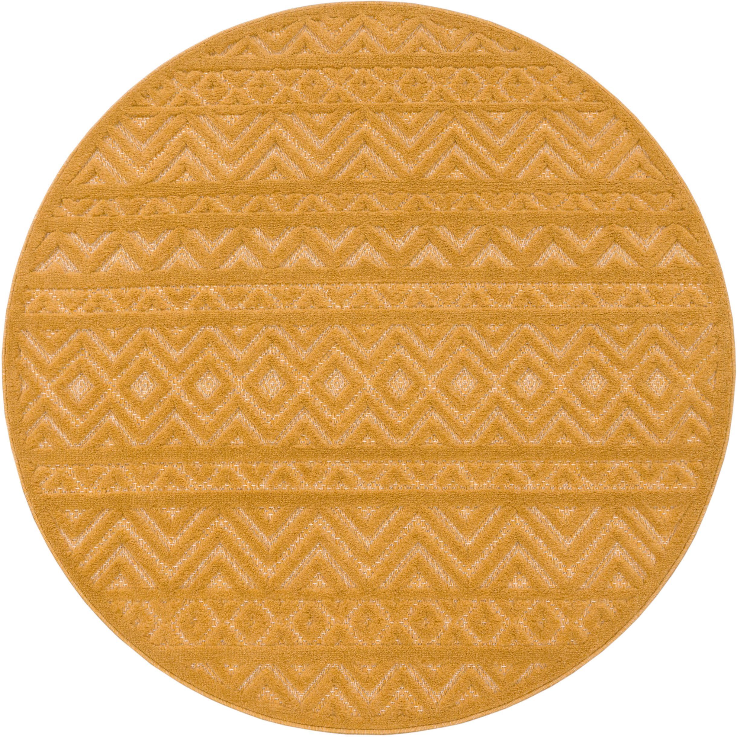Teppich Livorno 673, Paco Home, rund, Höhe: 14 mm, Uni-Farben, Scandi, Rauten Muster, Hoch-Tief Effekt, Outdoor geeignet gelb