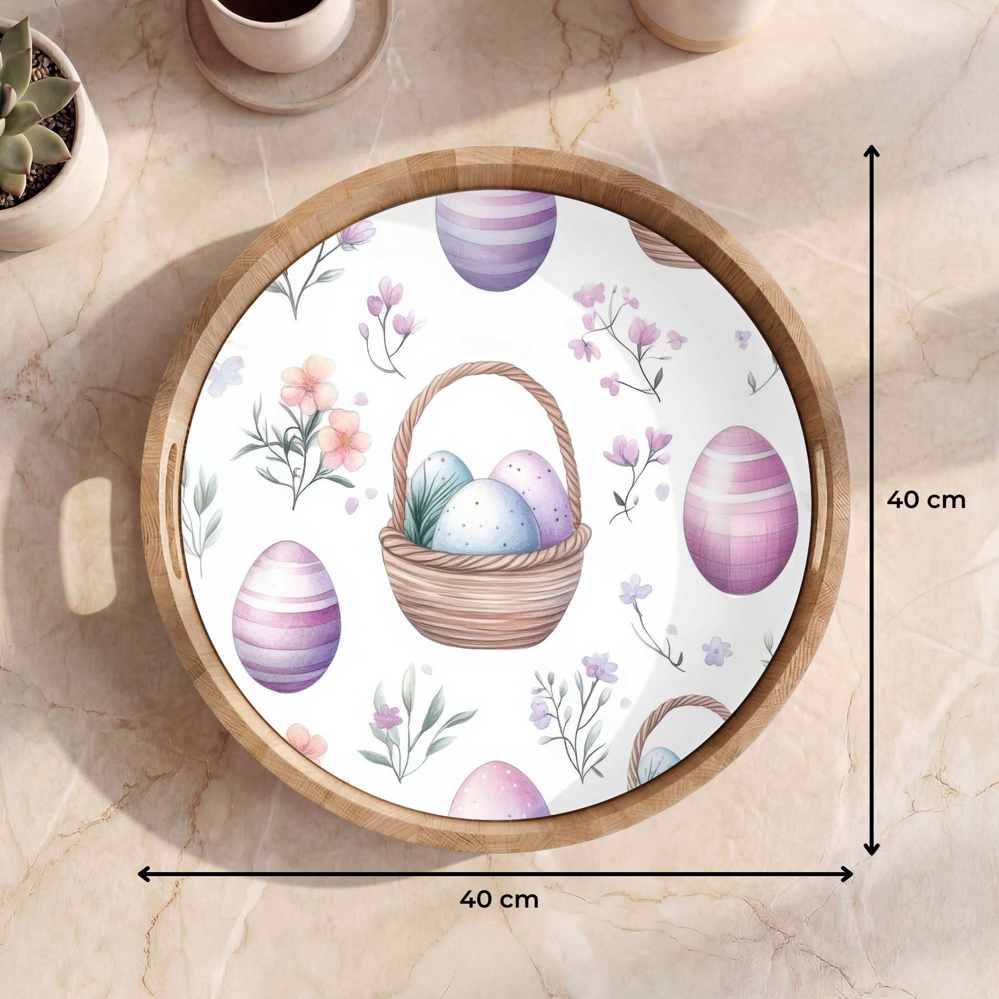OnlyWow Tablett Rund mit Henkel Blumen - Ostereier - Muster, Eichenholz, (1-tlg), Siervierplatte, Tray, Frühstücksbrett