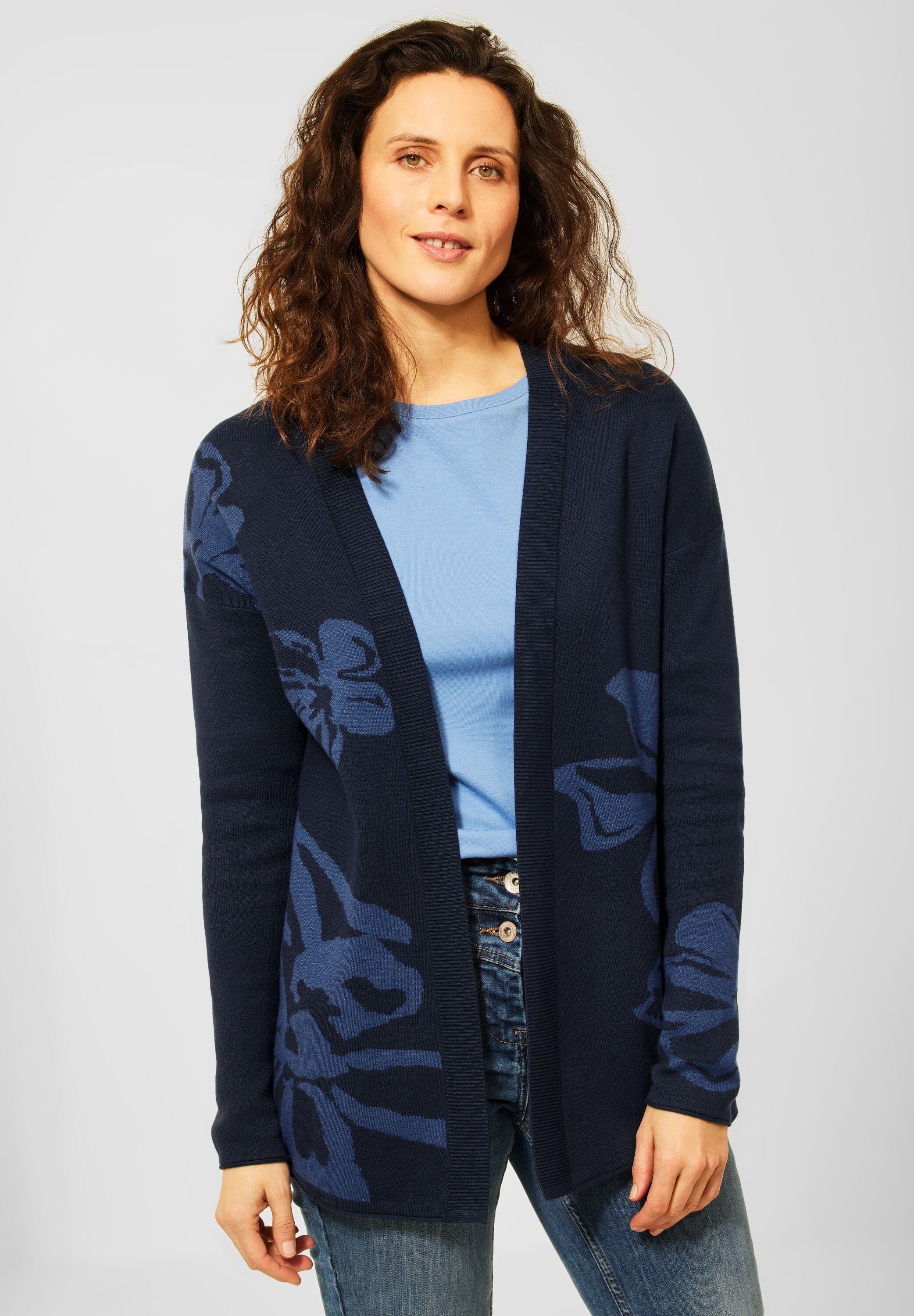 (1-tlg) Blumen Cecil Cardigan Deep Cecil Rippstrickdetail in Jacquard Blue Cardigan