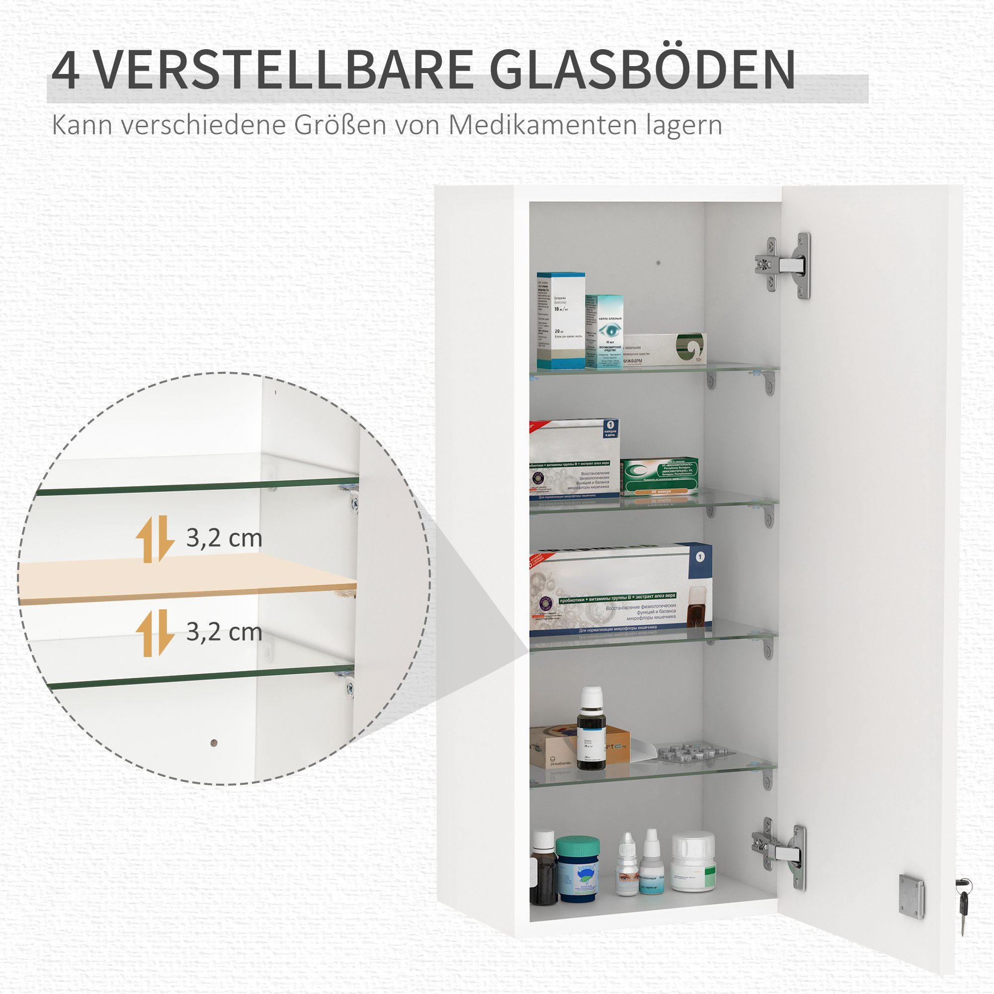 Kleankin Medizinschrank (Set, 1-St., Arzneischrank mit Medikamenteschrank) abschließbarer Hängeschrank Weiß Ablage
