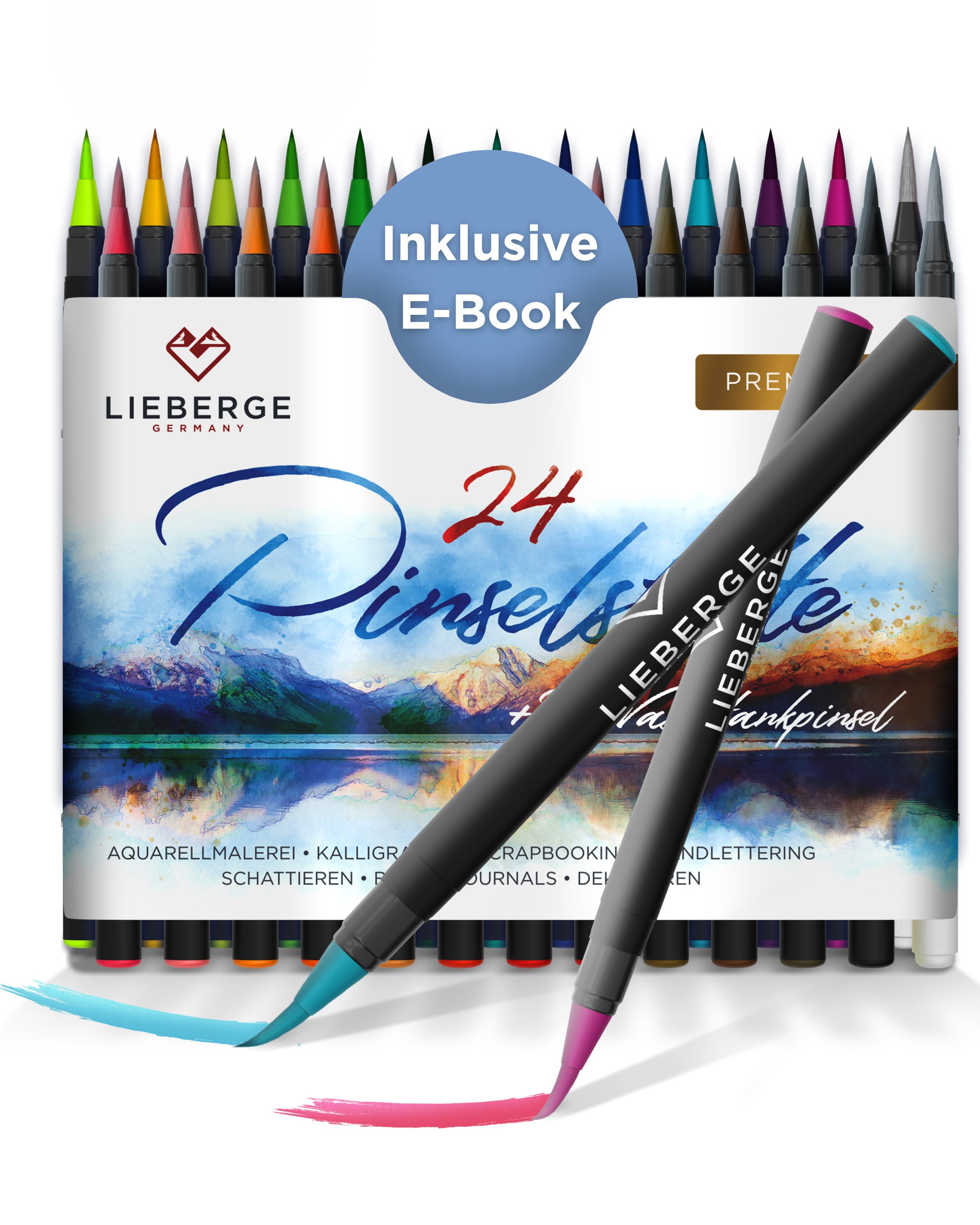 LIEBERGE Pinselstift Premium Set 24 Aquarellfarben + 2 Wassertankpinsel, (Set, 26-tlg., 24 Brush Pens, flexible Pinselspitze, intensive Farben), flexible Pinselspitze, 2 Wassertankpinsel, EN 71 geprüft, Wasserbasis