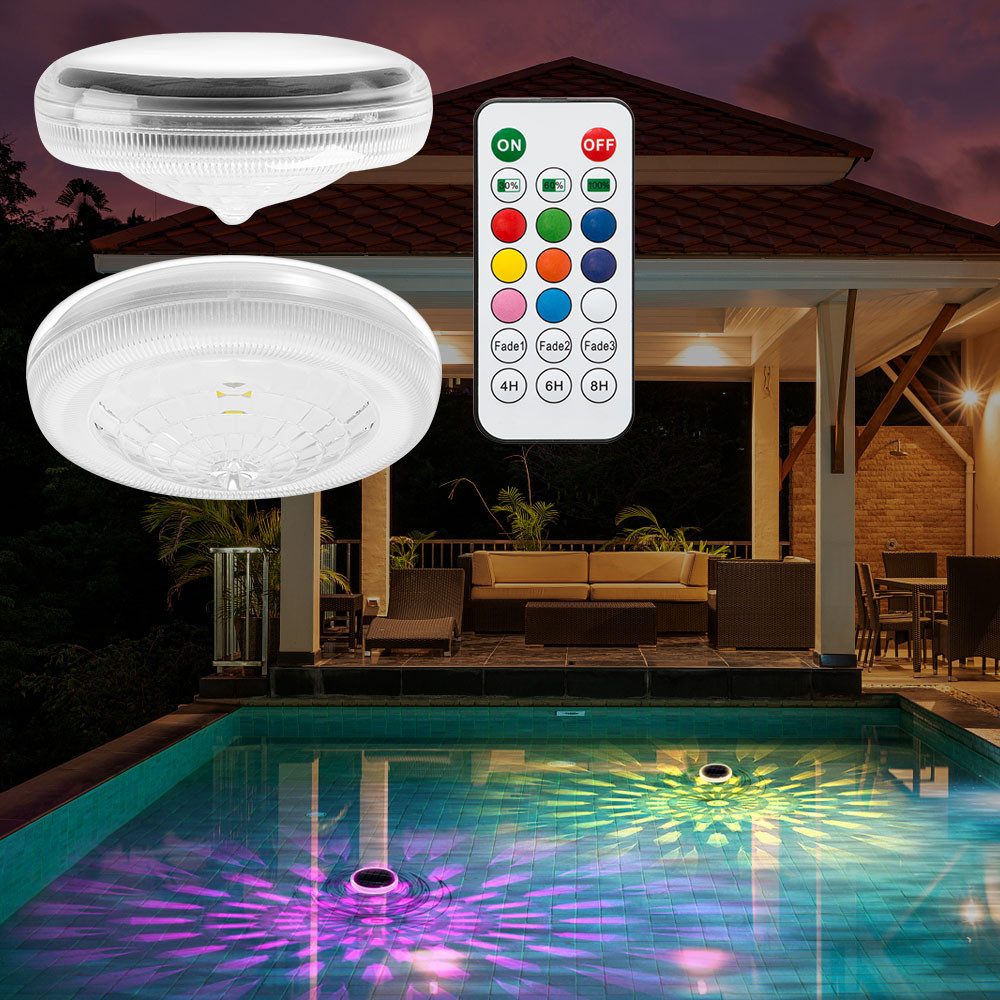 QUBEBU Pool-Lampe Schwimmende Poolbeleuchtung Solar, 2er Set, IP67 Wasserdichtes, RGB, LED fest integriert, Unterwasser RGB Pool Scheinwerfer Auf Dem Wasser Treiben, 2 Stück, IP67 Wasserdicht Poolleuchte Solar mit Fernbedienung, 2Stk