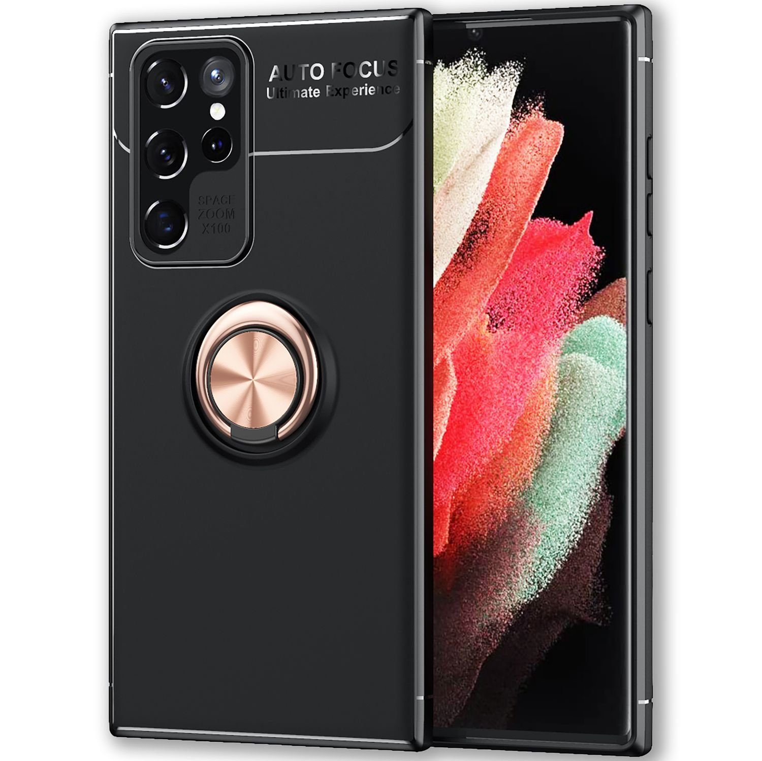 Nalia Smartphone-Hülle Samsung Galaxy S22 Ultra, Matte Ring Silikon Hülle / 360 Grad Ring / Standfunktion / Rutschfest