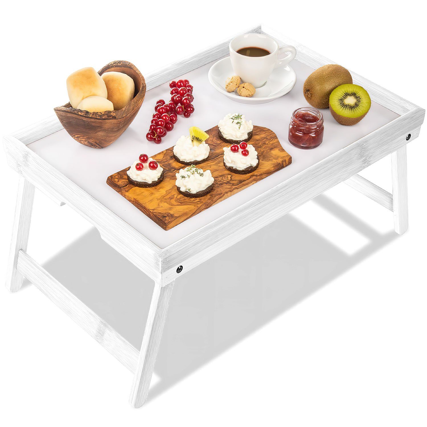 Dimono Tabletttisch Betttisch Frühstückstablett Bett-Tablett, Bambus Weiß Serviertablett