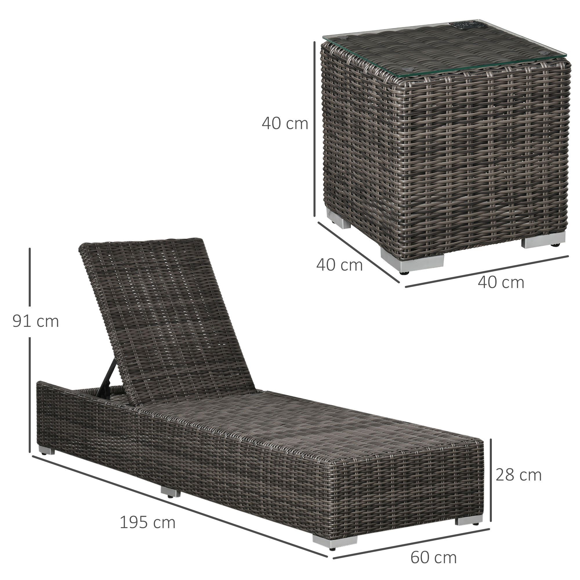 Outsunny Gartenliege Poly-Rattan Sonnenliege mit 6-Fach Verstellbarer Rückenlehne, Sonnenliege Set, 3 St., Grtenliegegruppe, Aluminium Grau 60 x 195 x 91 cm