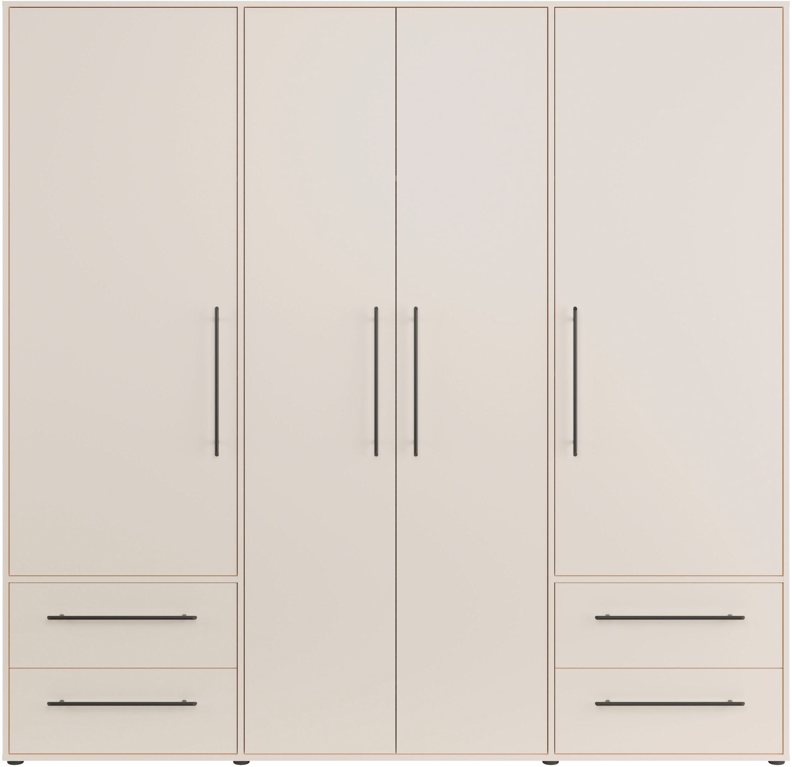 FORTE Kleiderschrank Mokkaris, Garderobe, zeitloses Design, 4 Türen, Made in Europe (B/H/T ca. 206x200x59cm) 4 Schubladen + schwarze Stangengriffe, Made in Europe, viel Stauraum