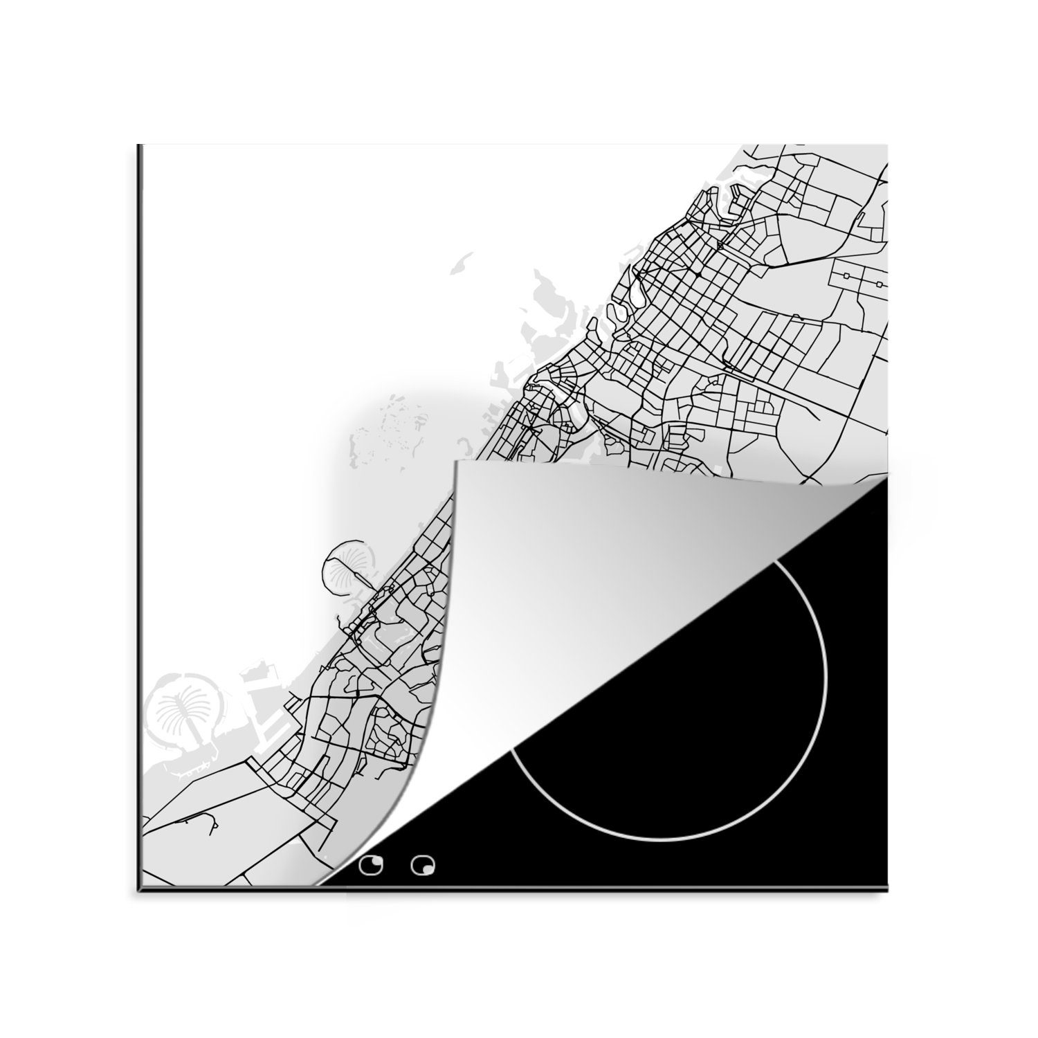 MuchoWow Herdblende-/Abdeckplatte Dubai - Stadtplan - Schwarz und Weiß - Karte, Vinyl, (1 tlg), 78x78 cm, Ceranfeldabdeckung, Arbeitsplatte für küche