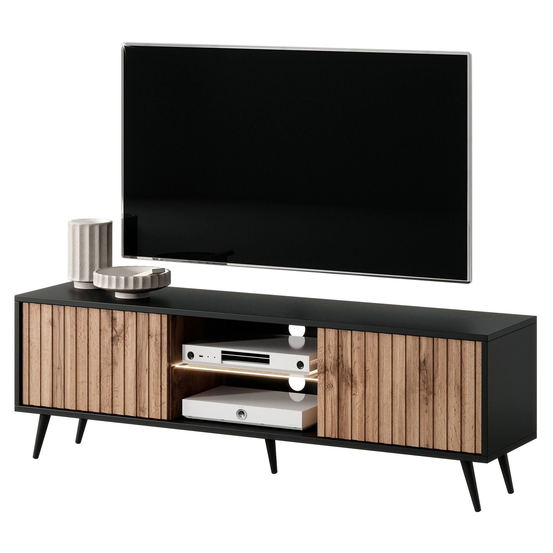Selsey TV-Schrank BELLO mit schwarzen Füßen, Lamellenfronten und LED, 135 cm