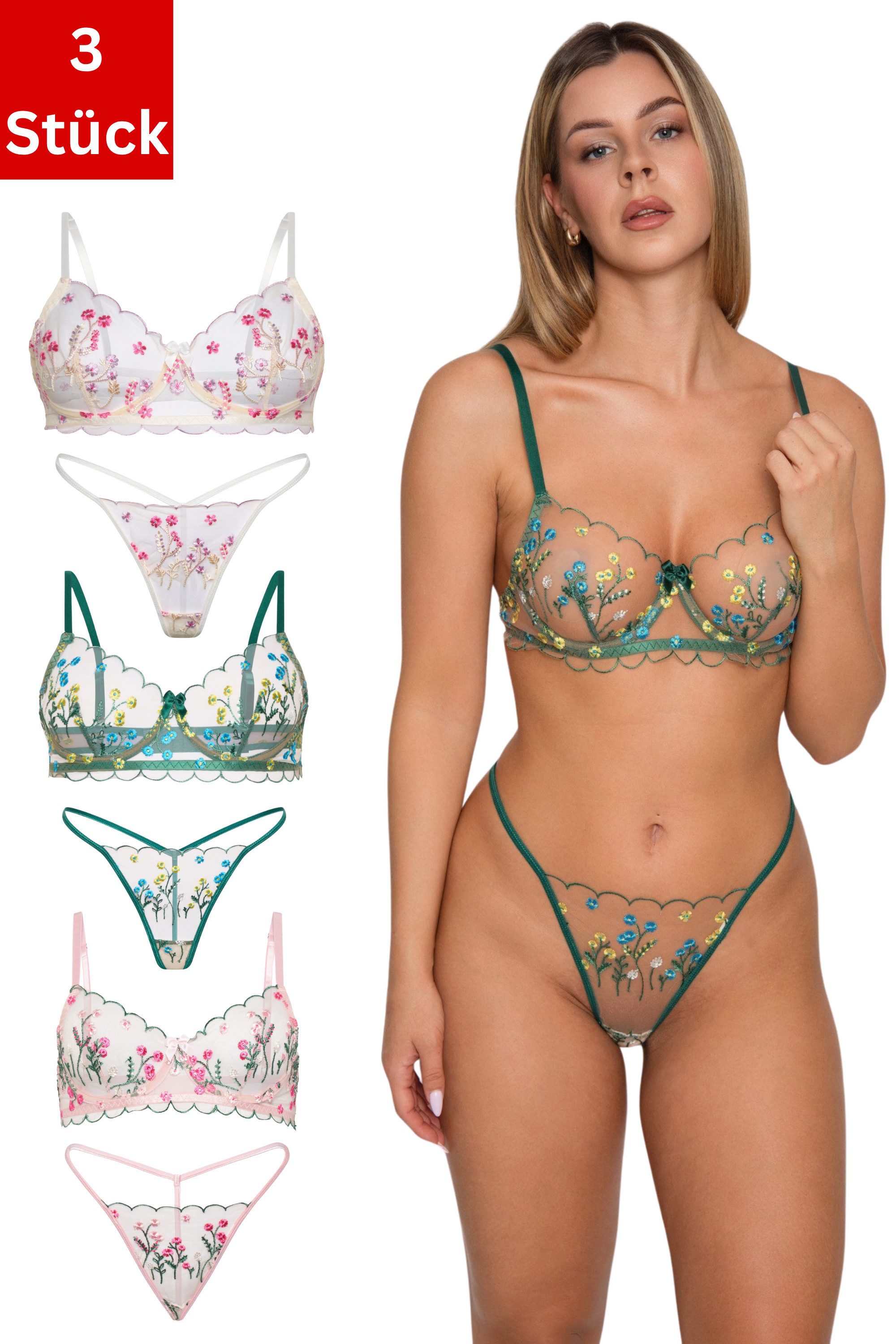 Elegant Love Set: Bügel-BH Dessous-Set aus Stickerei-Spitze – Sexy BH-Set, Reizwäsche (Packung, 3-tlg., 3er-Pack) Damenunterwäsche mit Tanga – Lingerie-Set