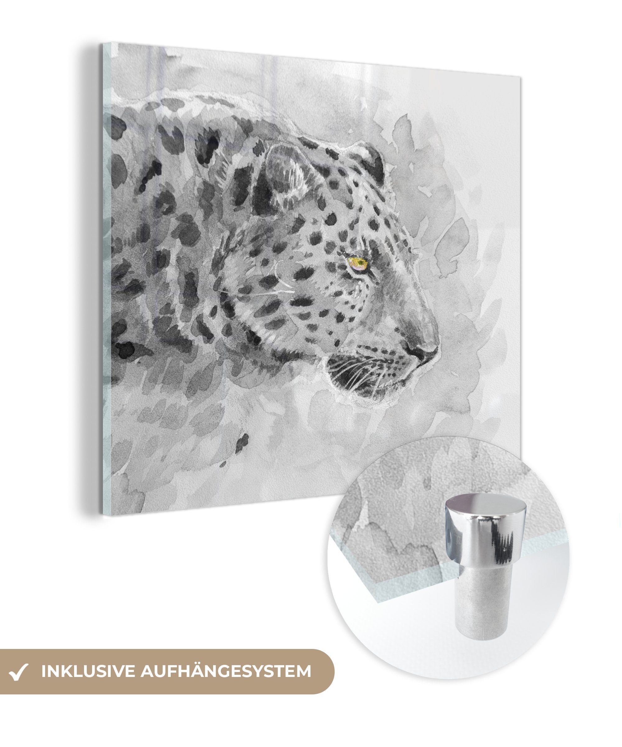 Glas Aquarell, - - St), auf - MuchoWow - Foto Gelb - Glas auf Glasbilder Bilder Wandbild Acrylglasbild Wanddekoration Leopard (1