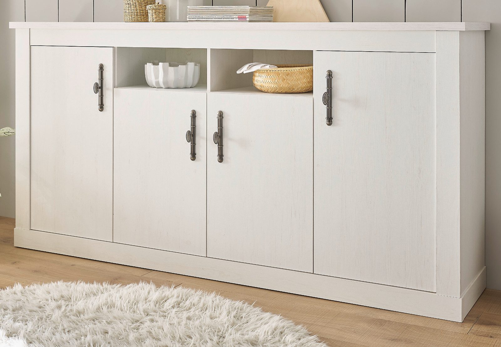 Furn.Design Sideboard Fiastra (Anrichte in Pinie weiß Landhaus, Breite 200 cm), 10 Fächer, Soft-Close-Funktion