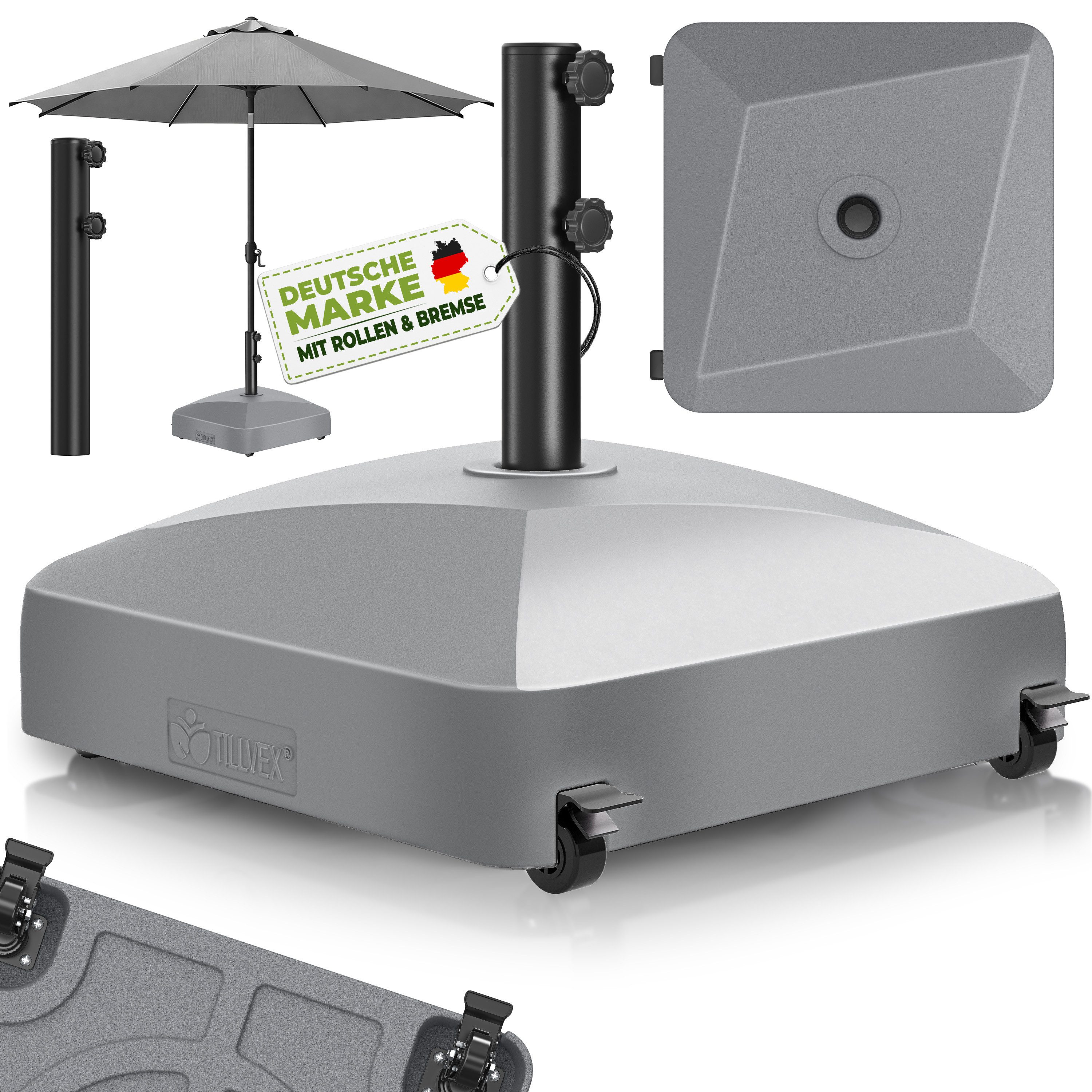 tillvex Sonnenschirm tillvex® Sonnenschirmständer GRAVIA mit Rollen & Bremsen, Schirmständ, & Marktschirm Ø 1,8-3,7m, Ampelschirmständer wetterfest, Schirmständer befüllbar 37 Liter / 56 kg Schirmgewicht Sonnenschirm, Sonnenschirmständer GRAVIA mit Rollen & Bremsen