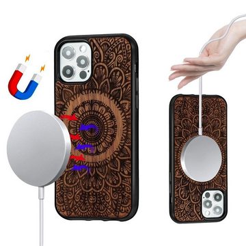 Wigento Smartphone-Hülle Holzfurnier Mandala geprägte Magsafe Hülle Handy Tasche Rosen für Apple iPhone 12 Pro Max 6.7 Zoll