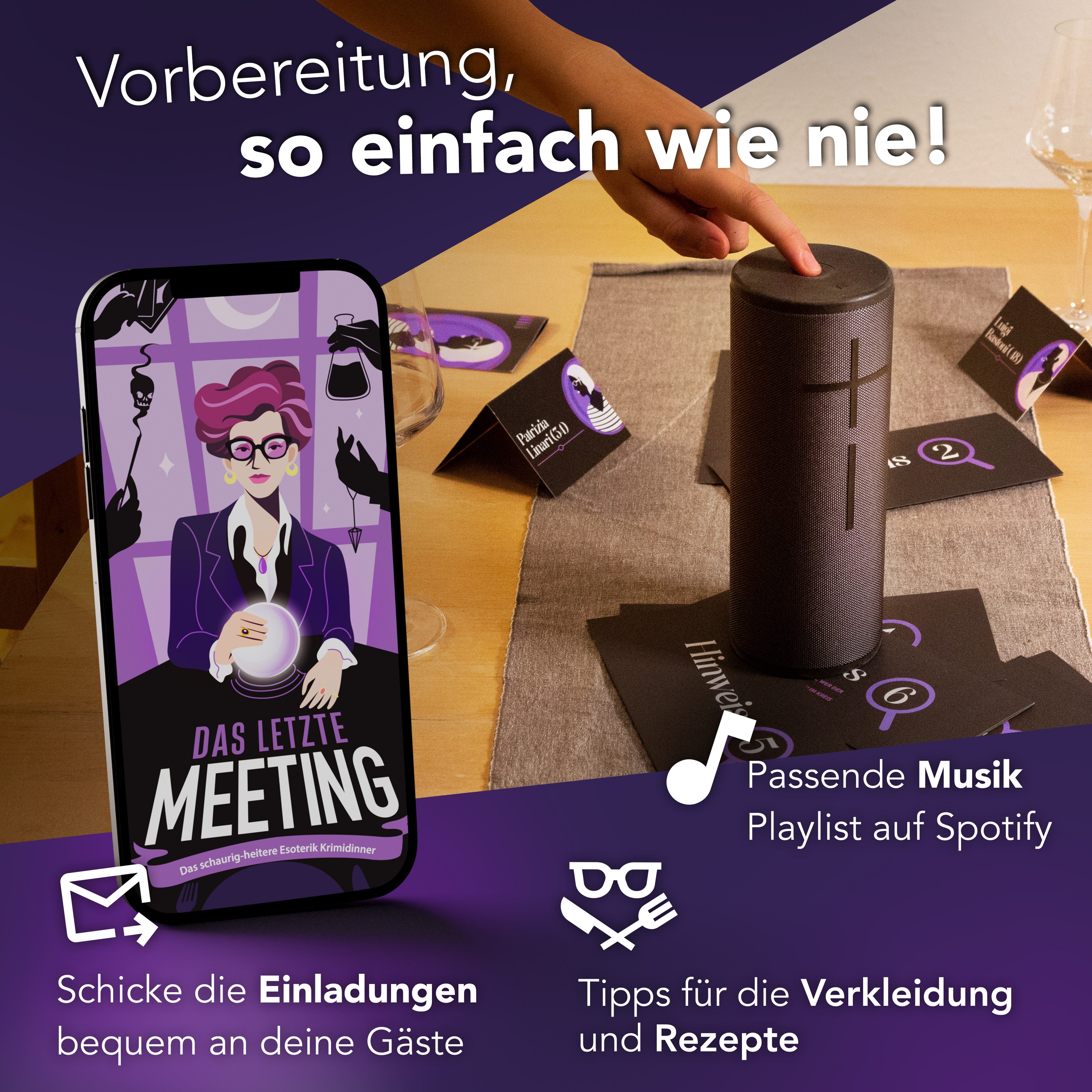 CRIMECASES Hörbuch Krimidinner Das letzte Meeting, (Mordfall lösen Spiel, Krimi Spiel), Krimi Dinner für 8-10 Personen, Mörderische Dinnerparty ab 14 J.