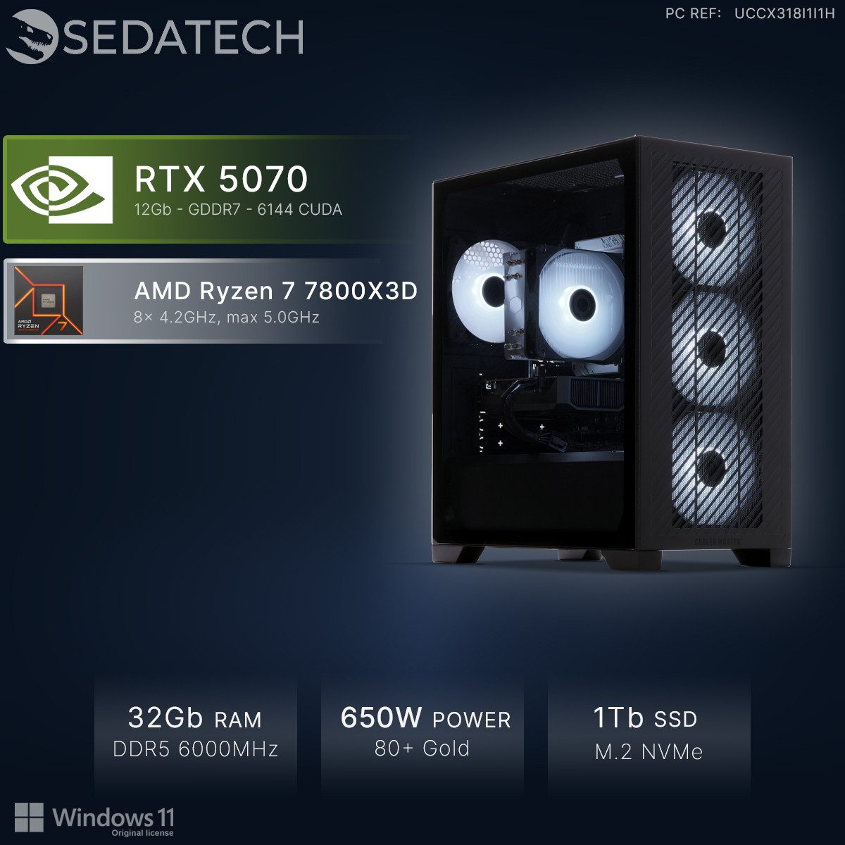 Sedatech UCCX318I1I1HF - Gaming-PC (AMD Ryzen 7 7800X3D 8x 4.2GHz (max 5.0GHz), Geforce RTX5070 12GB, 32 GB RAM, 1000 GB SSD, Wlan 6E)