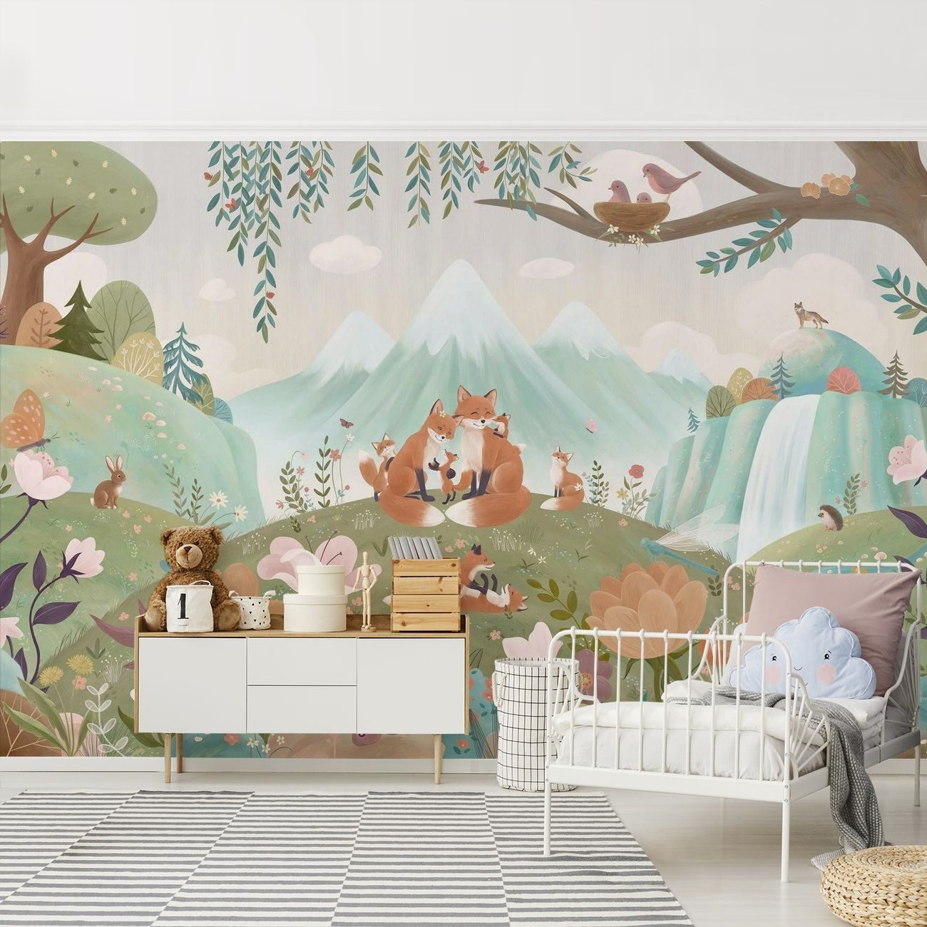 Bilderdepot24 Kindertapete Fuchsfamilie Kinderzimmer Fuchs Wald Tiere, Glatt, Matt, (Vliestapete inkl. Kleister oder selbstklebend), geruchsfreie Tapete Kinderzimmer
