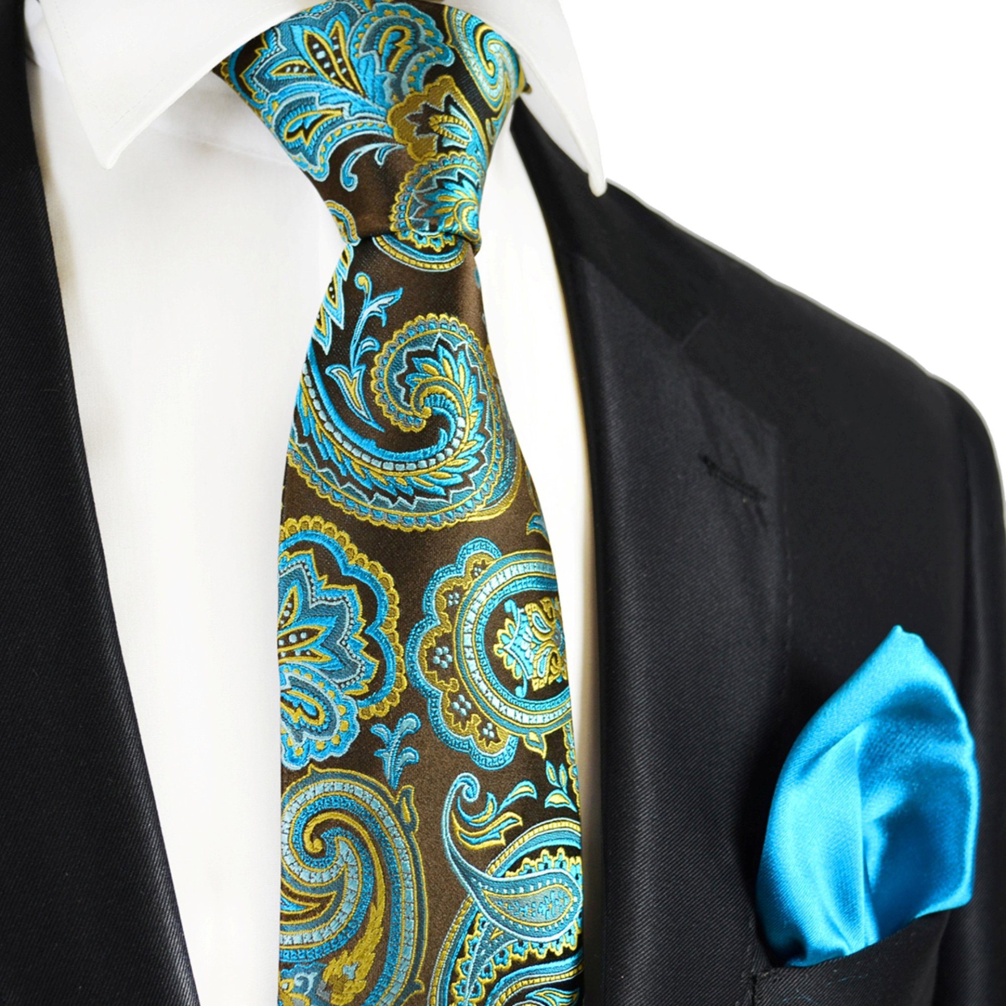Paul Malone Krawatte 7-Fold Seidenkrawatte Schlips modern elegant 100% Seide paisley (Set, 2-St., mit Einstecktuch) braun türkis gelb S14111-22
