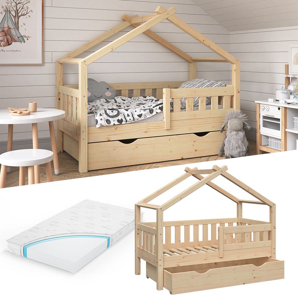 VitaliSpa® Hausbett Design, Naturholz, 70x140 cm mit Schublade und Matratze (2-tlg)
