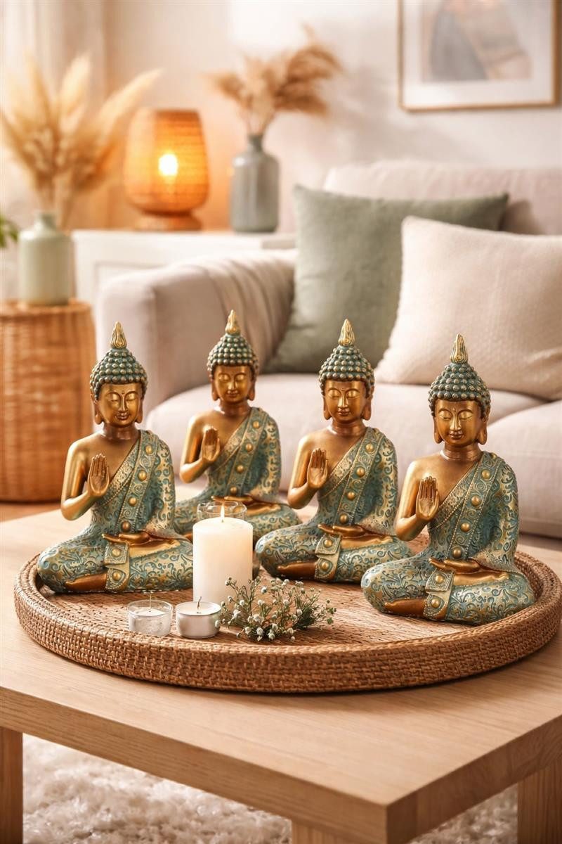 Geschenkestadl Buddhafigur Buddha Figuren 4er Set 14 cm – Zen Deko für Ruhe & Harmonie (Spar-Set, 4 St., 4 Buddhas je 14cm), elegante und beruhigende Optik mit Zen-Charakter