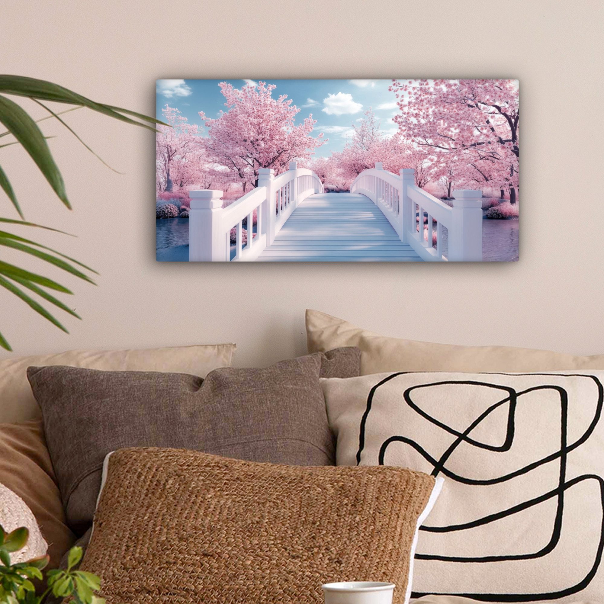 OneMillionCanvasses® Leinwandbild Panorama Brücke - Kirschbäume günstig online kaufen