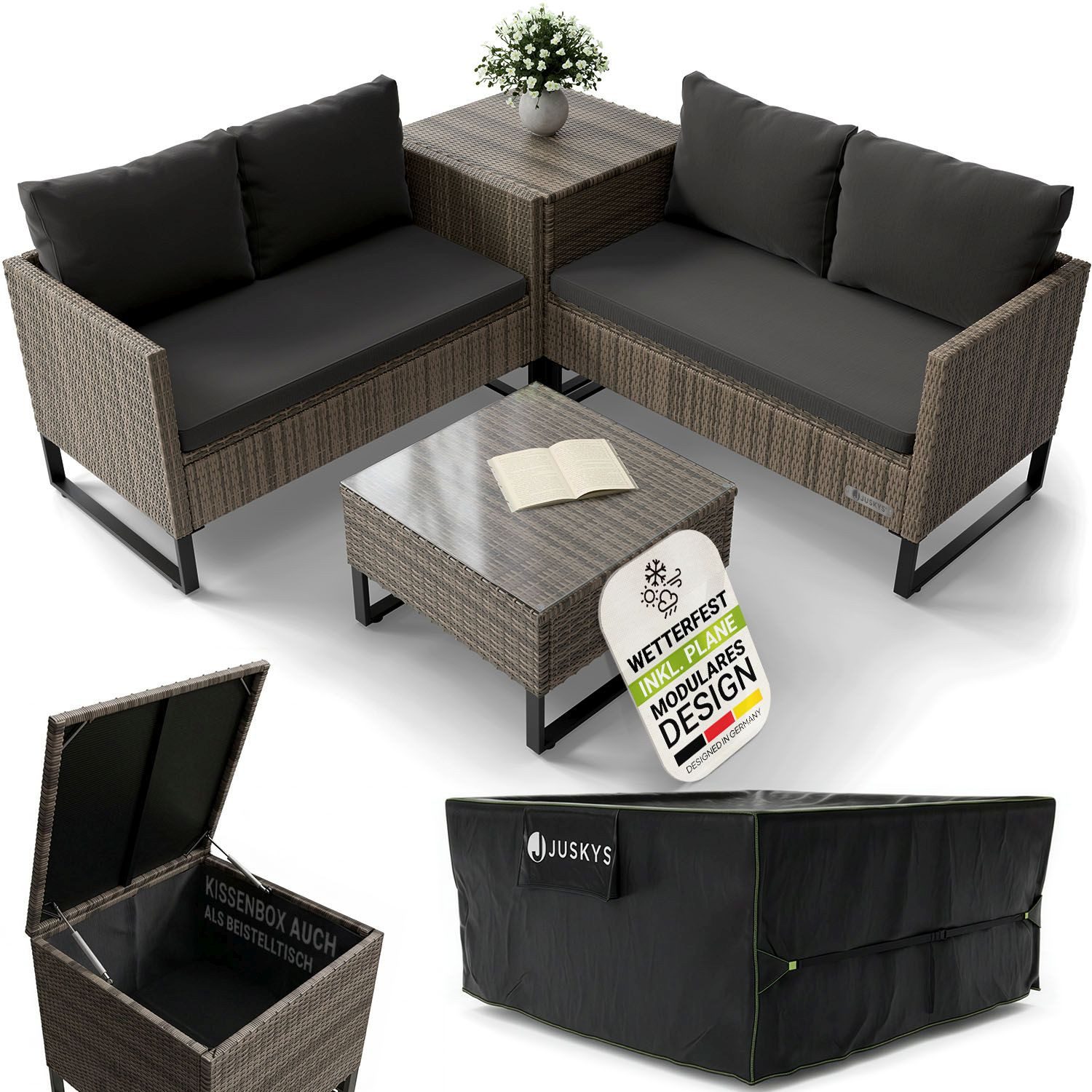Juskys Gartenlounge-Set Santorini, (4-tlg), Polyrattan Sitzgruppe mit Beistelltisch & Auflagenbox, Abdeckung