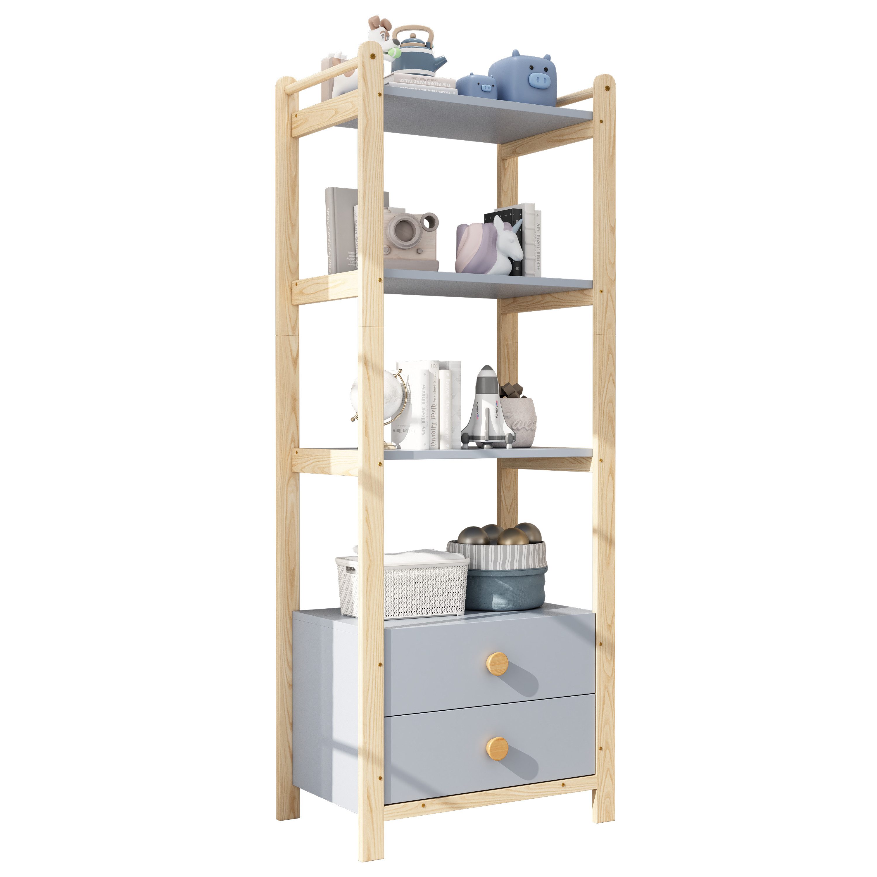OKWISH Bücherregal Kieferrahmen, Vollholzgriffen, Standregal 1-tlg., 2 Schubladen, 4 Ebenen Bücherregal, 70×44×180cm