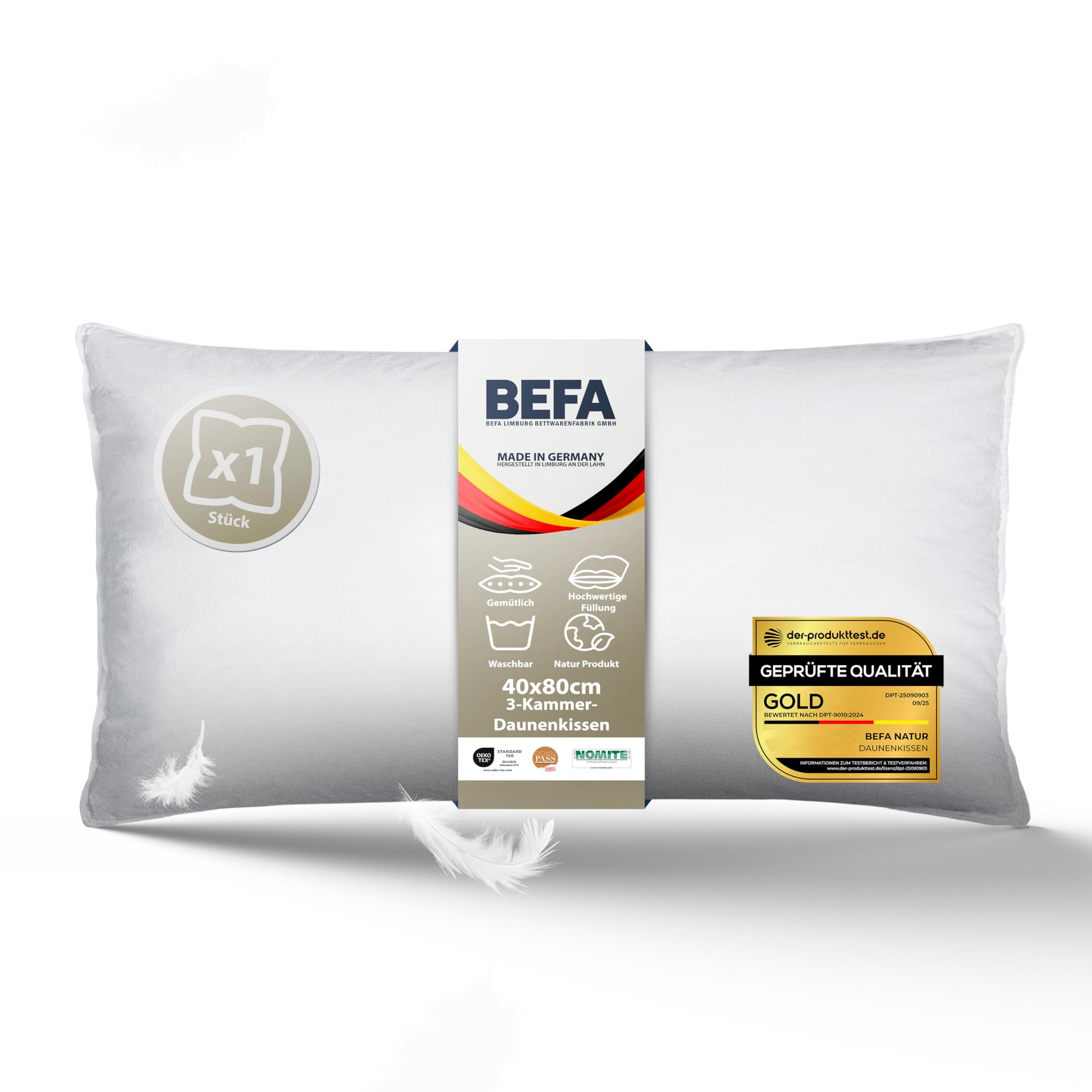 BEFA NATUR 3-Kammer-Kopfkissen TRÄUM SÜß - 3-Kammer-Kopfkissen Premium-Daunenkomfort, Füllung: Außen: 90% Daunen, 10% Federn - Innen: 100% Federn, Bezug: Baumwolle, Seitenschläfer, Rückenschläfer, Bauchschläfer, Spar-Set, Kopfkissen 1 tlg., Himmlisch weiche Premium-Daune für erholsamen Schlaf, Made in Germany