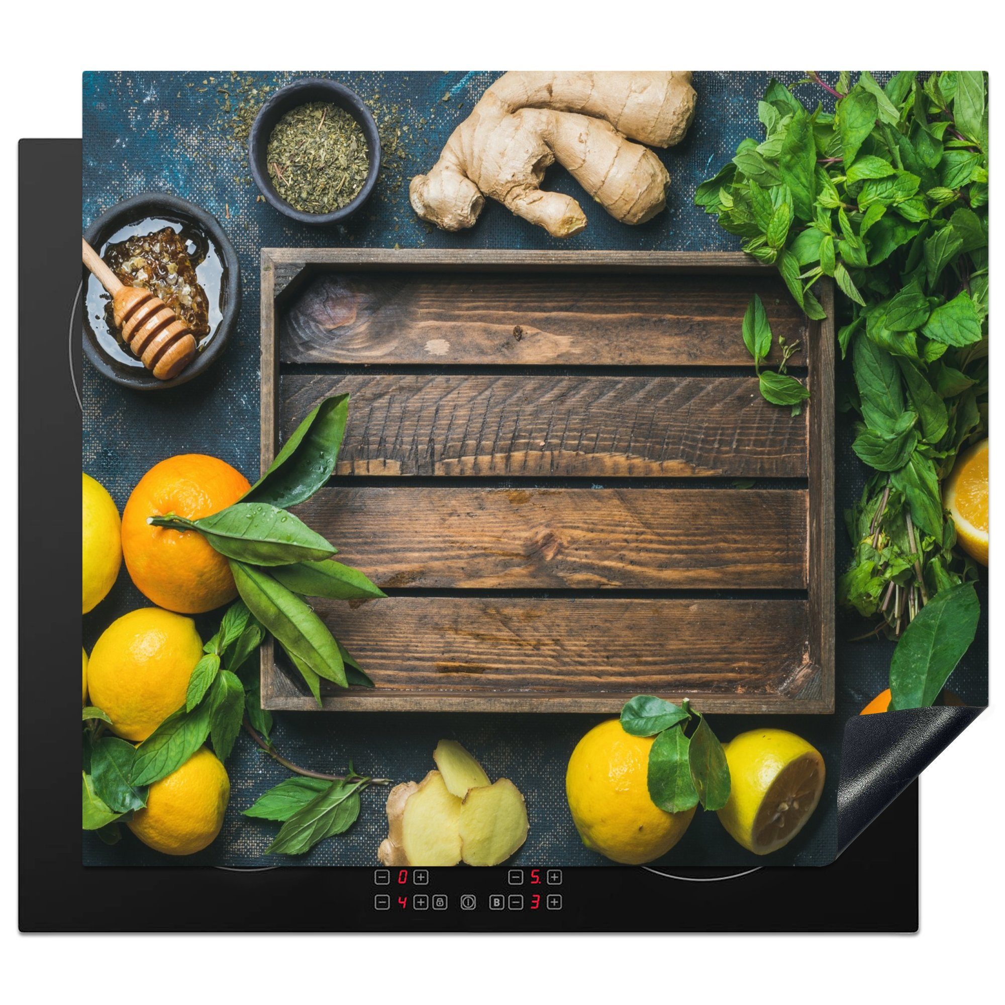 MuchoWow Herd-Abdeckplatte Obstkiste - Zitrone, Vinyl, (1 tlg), Abdeckplatte für Ceranfeld, Herd Inductionsmatte, 57.6x51.6 cm