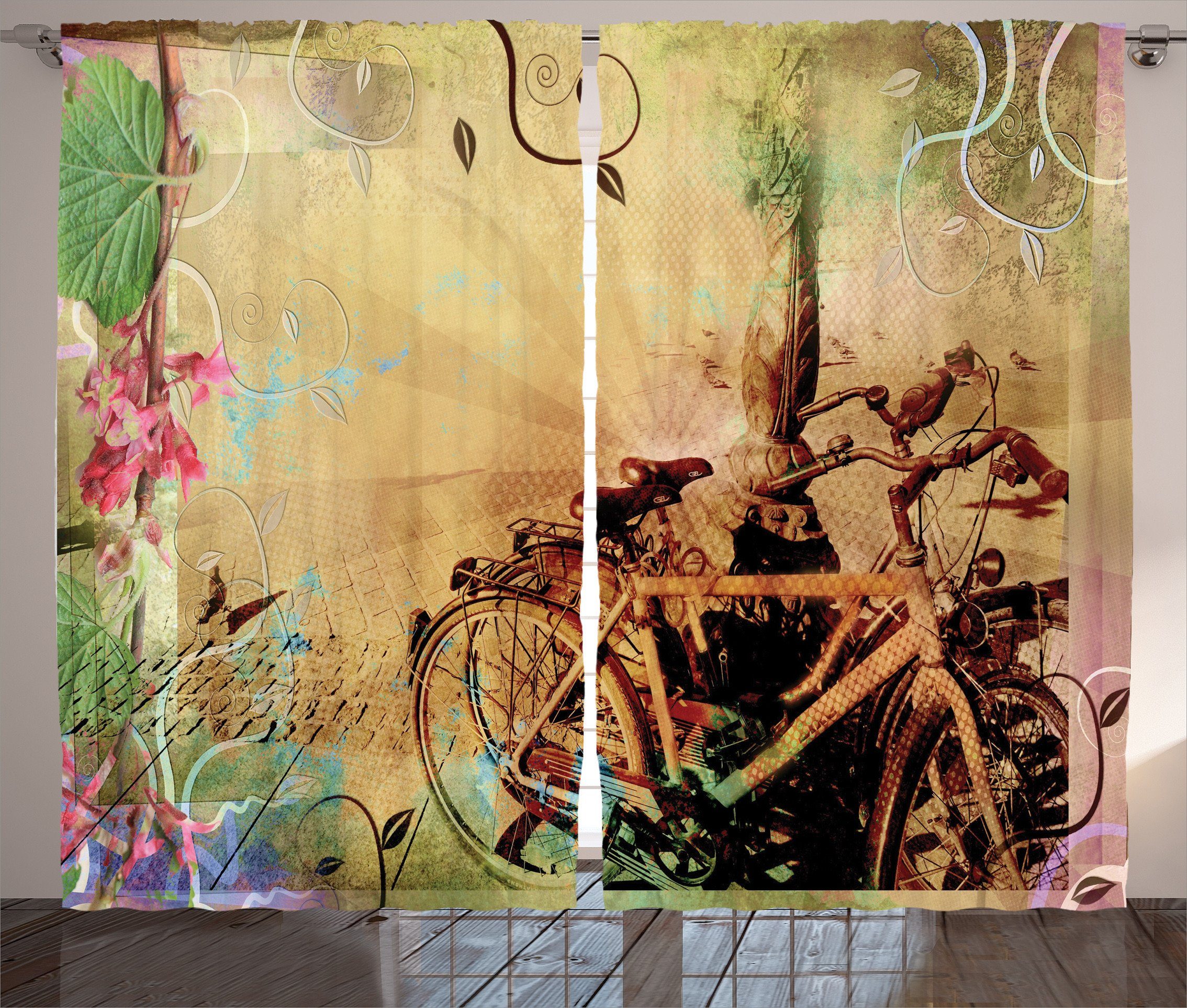 Gardine Schlafzimmer Kräuselband Vorhang mit Schlaufen und Haken, Abakuhaus, Städtisch Bikes in Strasse Floral