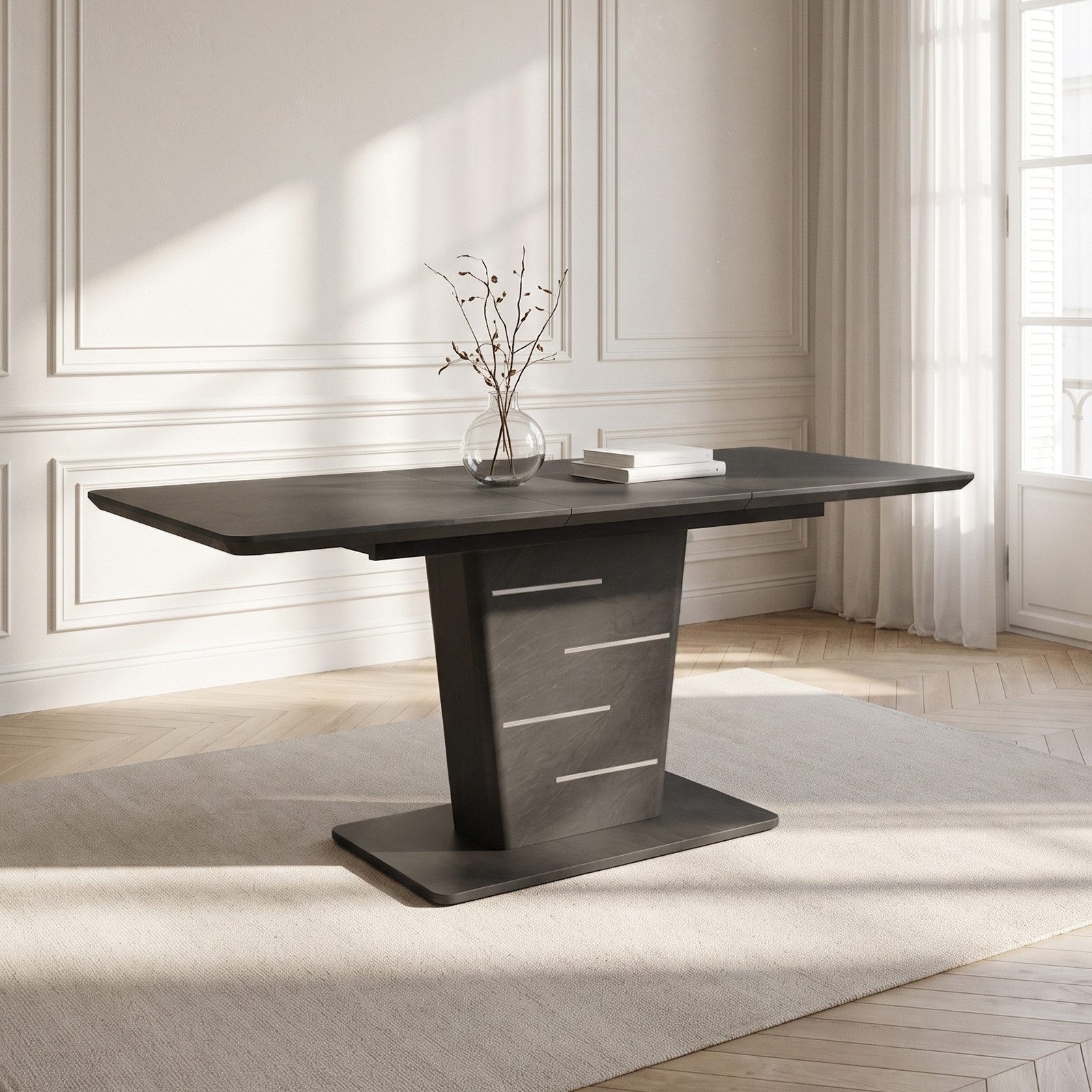 Jiexi Esstisch Esstisch ausziehbar 120-160 cm Säulentisch dunkelgrau MDF