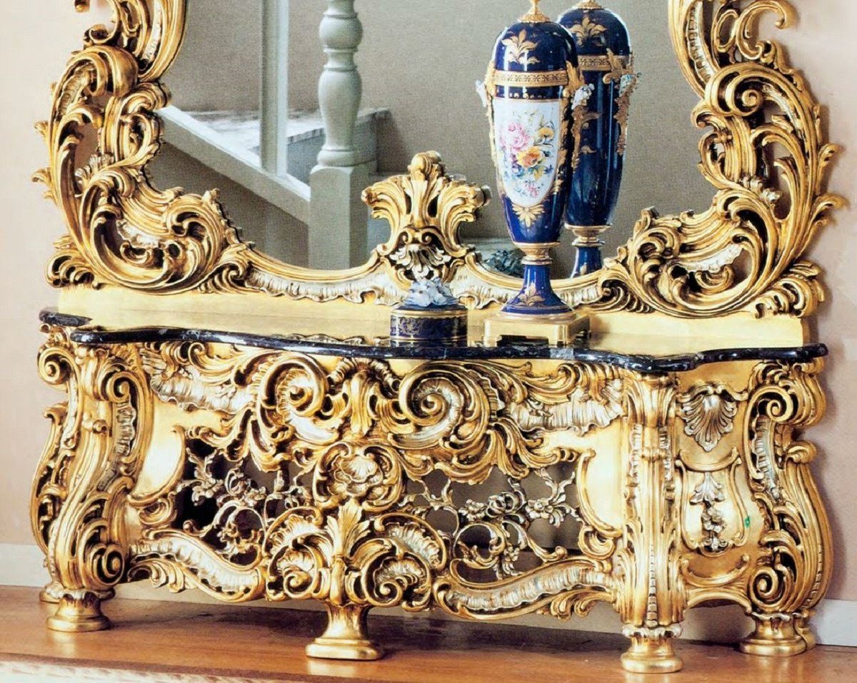 Casa Padrino Barockspiegel Luxus Hotel & / Schwarz Marmorplatte Spiegelkonsole Luxus mit Prunkvolle Made Gold - Möbel - Italy / Qualität - Schloss in Barock Silber