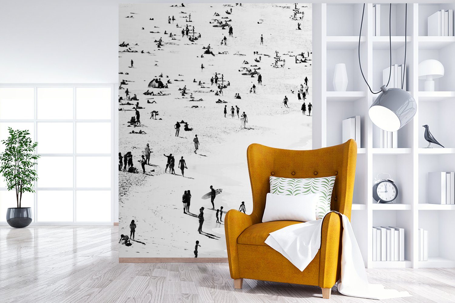 Strand - Menschen Montagefertig Fototapete - Wohnzimmer, Meer Wandtapete weiß, MuchoWow St), Vinyl (4 für Matt, bedruckt, Schwarz Tapete und -