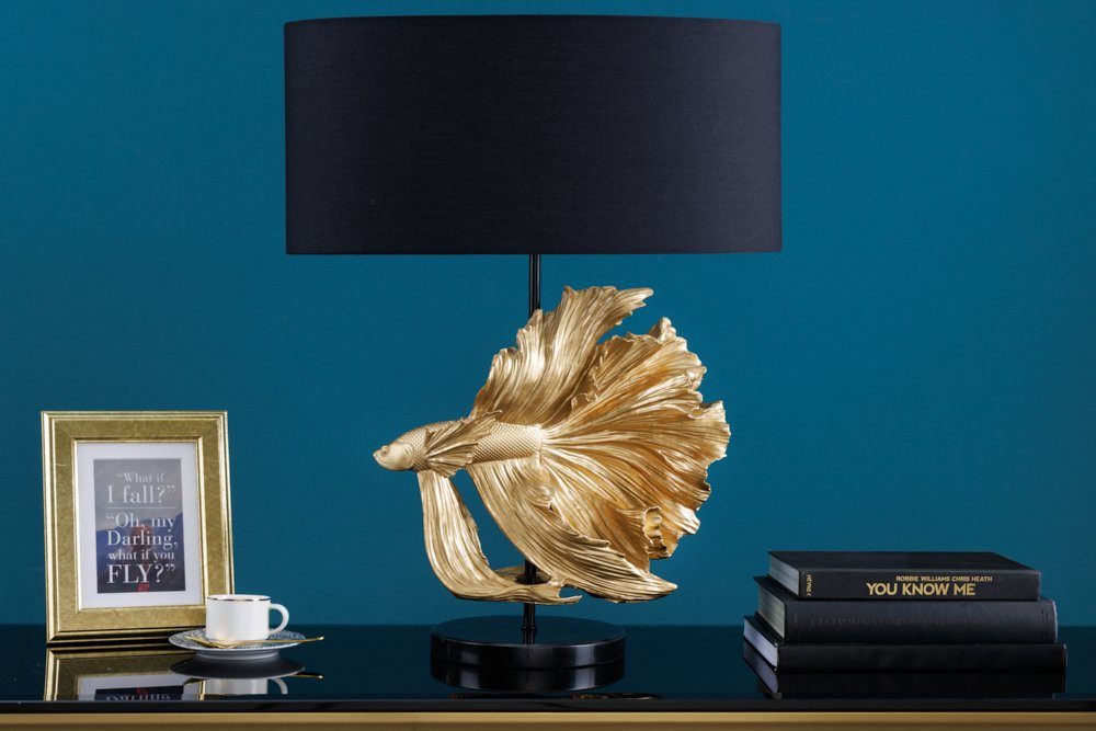 riess-ambiente Tischleuchte CROWNTAIL 65cm schwarz / gold, Ein-/Ausschalter, ohne Leuchtmittel, Wohnzimmer · Stoff · Marmor-Fuß · Fisch-Figur · Schlafzimmer · Design