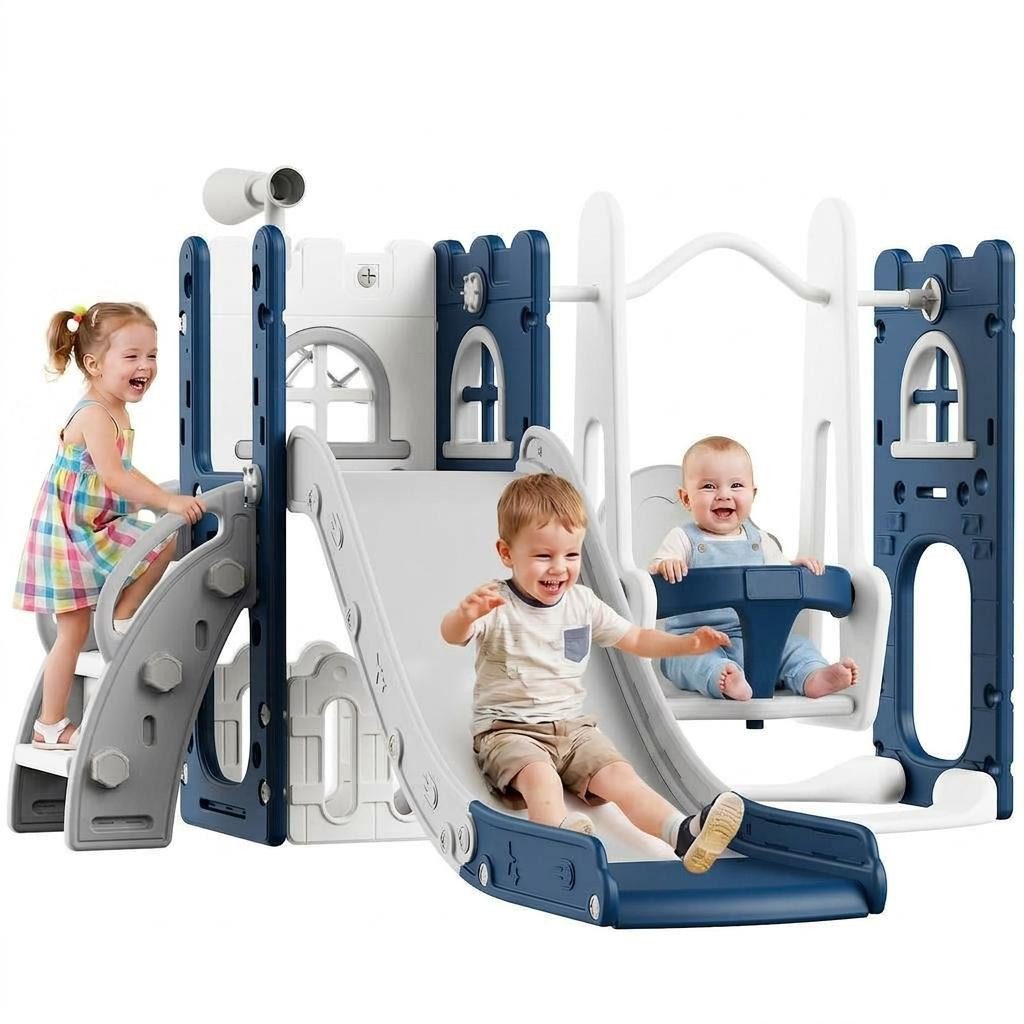 GarveeMore Rutsche Kinderrutsche mit Schaukel,Kleinkind Spielplatz für drinnen & draußen, Babyrutsche mit Schaukel für Garten und Innenbereich,144 × 150 × 93 cm