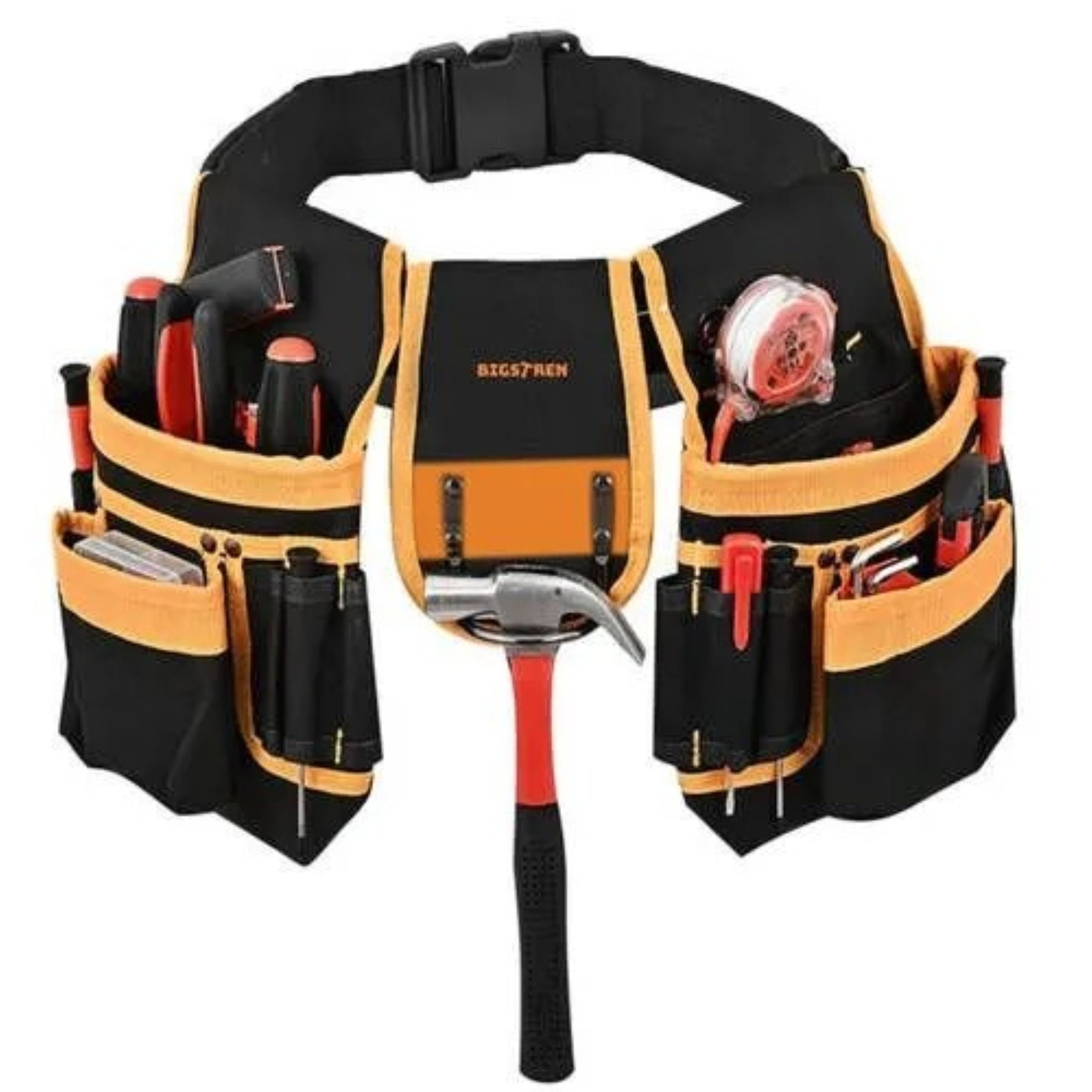 BIGSTREN Werkzeughalter Werkzeughalter Werkzeuggürtel Montagegürtel 22 Taschen Hammerhalter, Montagegürtel Set verstellbar aus robustem 600D Oxford Gewebe Schwarz, Werkzeuggürtel Set 4teilig inklusive 2 verschiebbaren Werkzeugtaschen, Gürtel mit 22 Taschen Hammerhalter und 2 Schlaufen für Handwerker