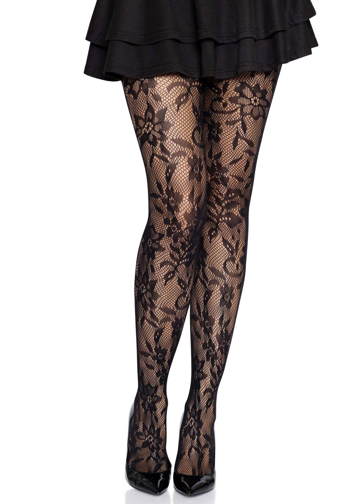Leg Avenue Strumpfhose Strumpfhose nahtlos mit Blumenspitze schwarz Einheitsgröße 0 DEN