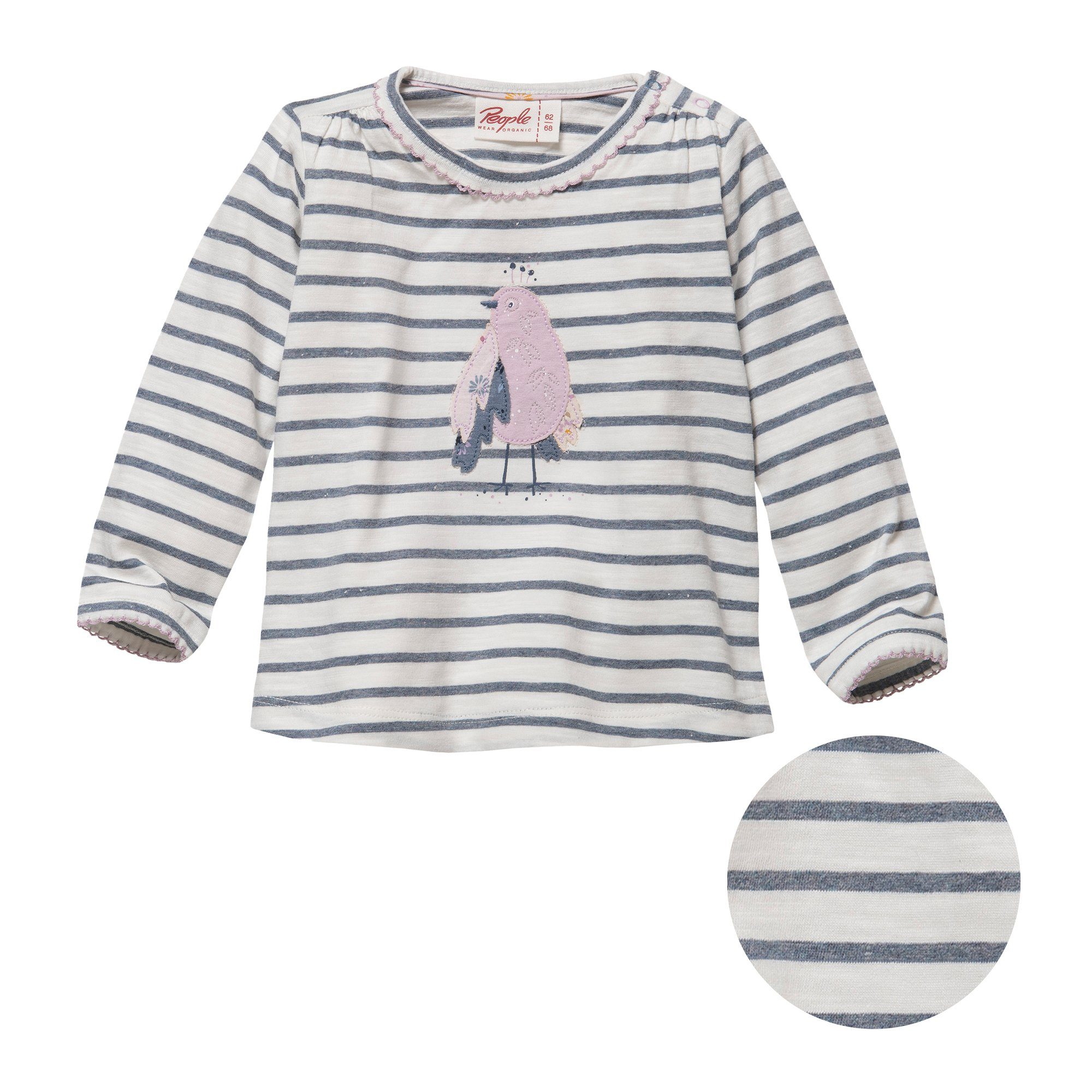People Wear Organic Langarmshirt mit Vogel Applikation, weiß geringelt aus Bio Baumwolle