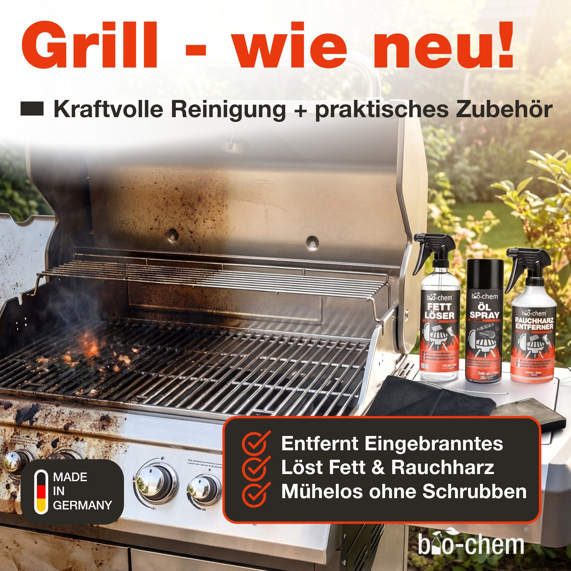 bio-chem Grill- & Backofen Reinigungsset – Reinigung + Pflege + Zubehör Grillreiniger (Sparpaket, [3-St. Grill- und Backofen PROFI-SET 5-teilig Praktisches Set: Grillreiniger, Fettlöser, Ölspray)