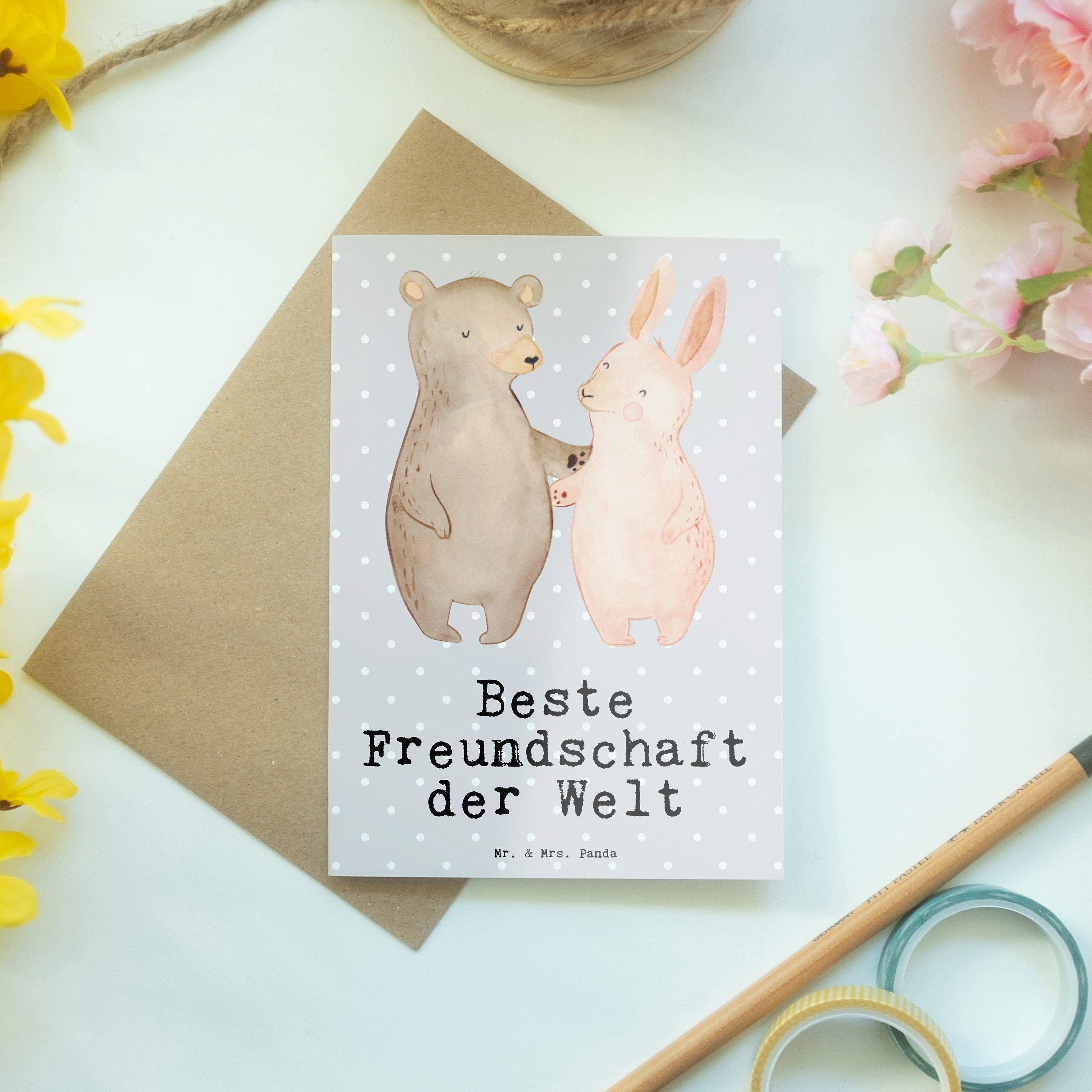 Thumbnail - Mr. & Mrs. Panda Grußkarte Hase Beste Freundschaft der Welt - Grau Pastell - Geschenk, Geburtsta, Herzberührende Sprüche