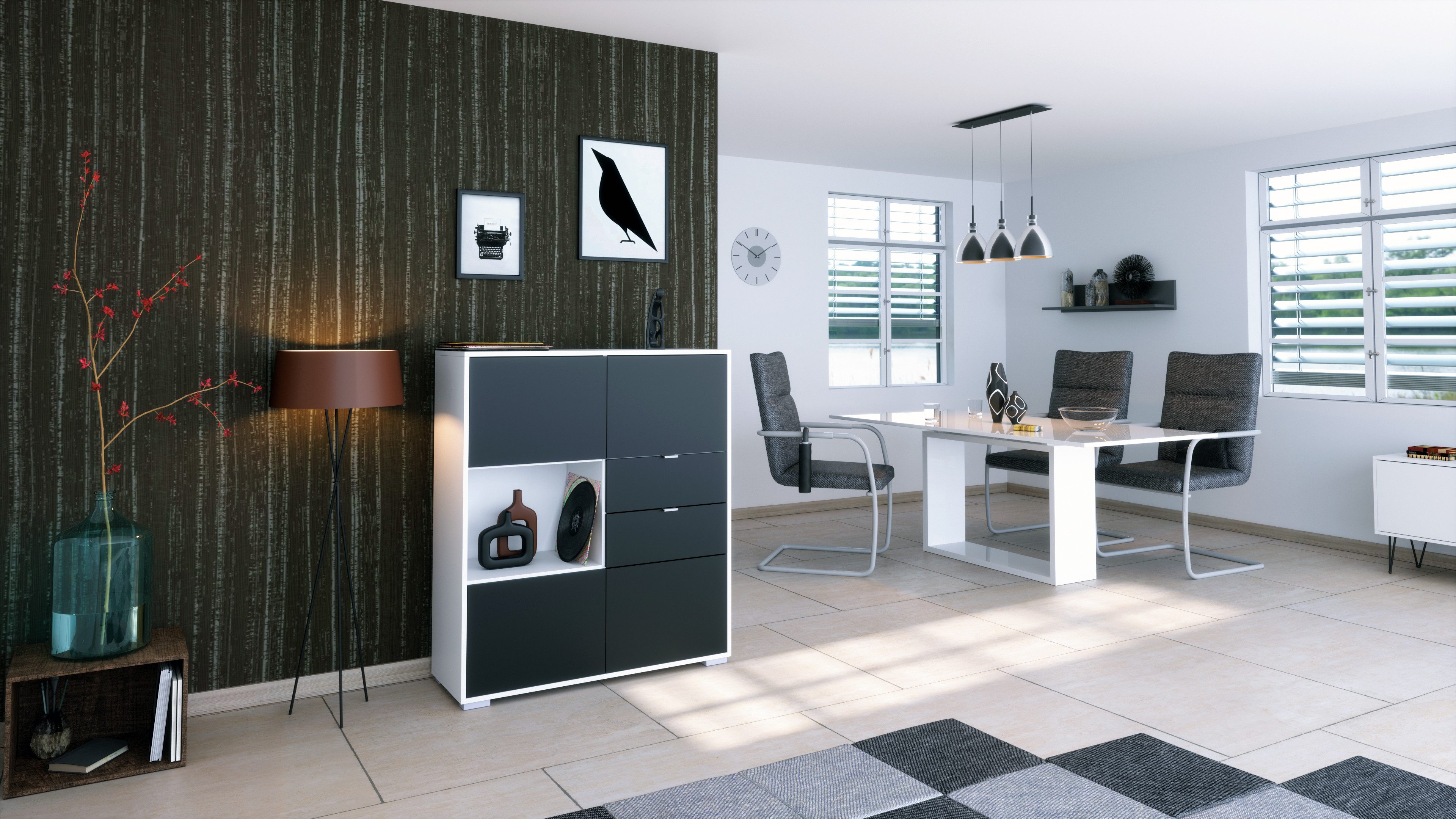 Vladon Highboard Milano V1 (Highboard mit 4 Tür Schwarz matt, 2 Schubladen Schwarz matt, Made in Germany), Korpus Weiß matt (103 x 118 x 37 cm)