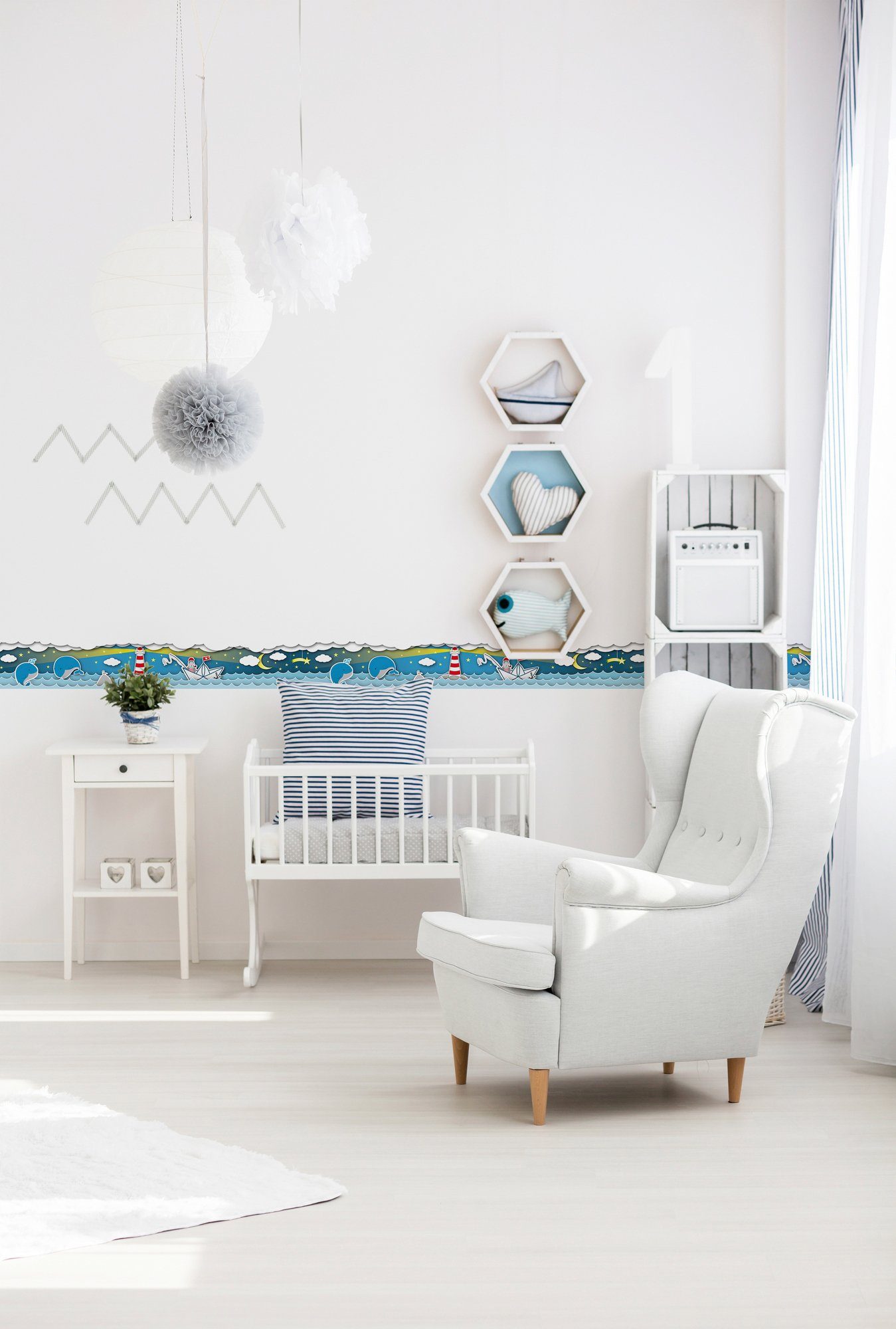 A.S. Création Grau Tapete Weiß für glatt, Fishing und Bordüre Baby- Kinderzimme Captain, Kinderzimmertapete Blau