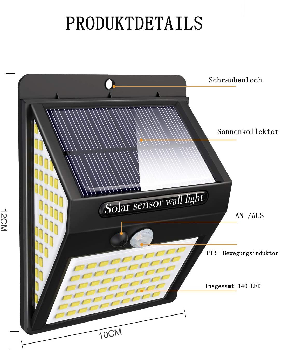 GelldG LED Solarleuchte Solarlampen für LED Außen 140 Solarleuchten Bewegungsmelder, mit