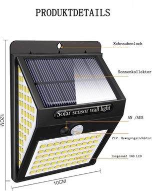 GelldG LED Solarleuchte Solarlampen für Außen mit Bewegungsmelder, 140 LED Solarleuchten