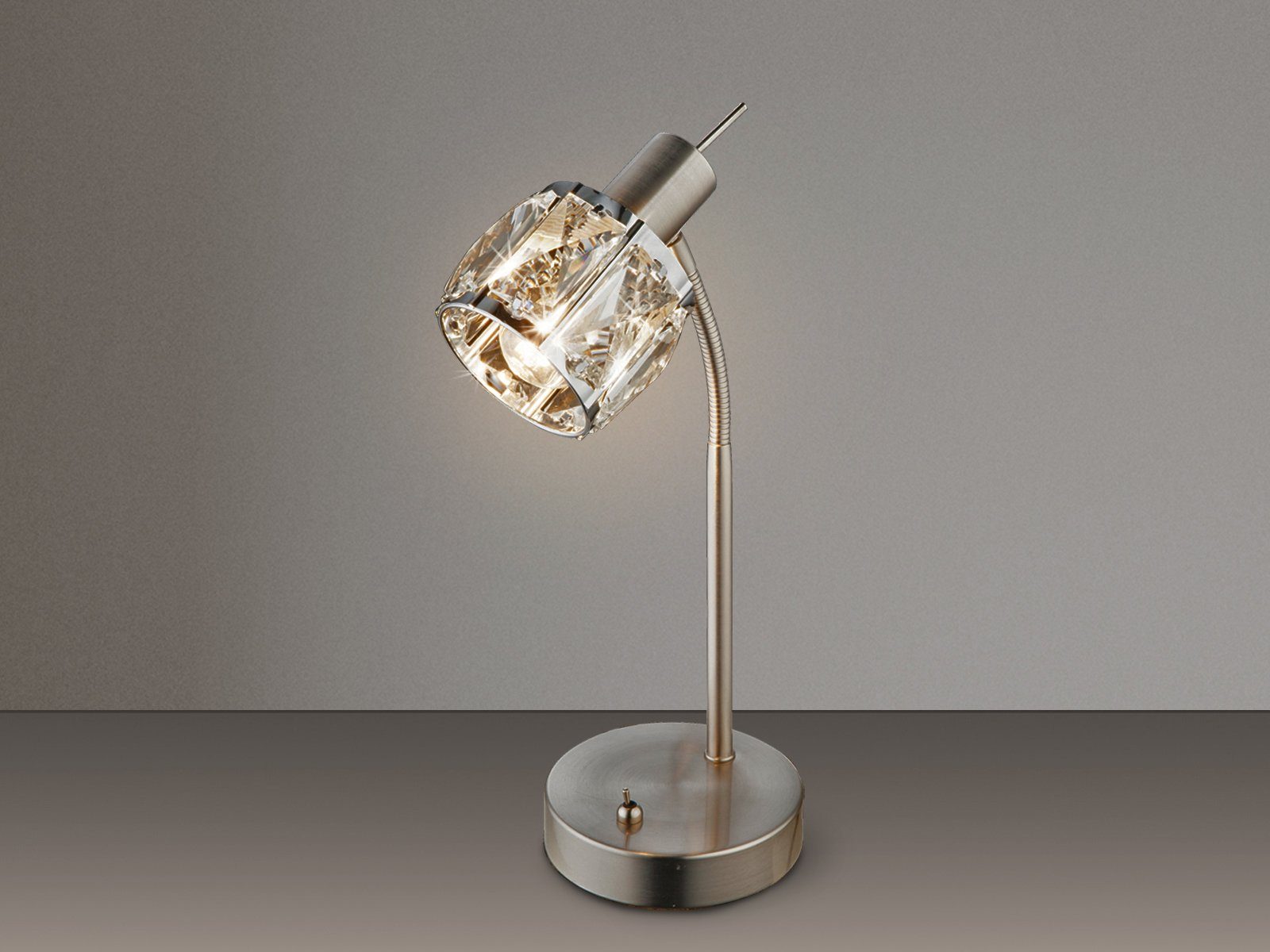 H: kleine wechselbar, Designer LED Leselampe Silber Dimmfunktion, LED 28cm meineWunschleuchte Nachttischlampe, dimmbar warmweiß, Kristall Lampenschirm