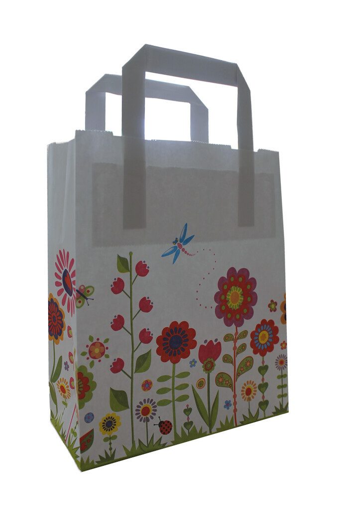 Tragetasche Papiertragetasche weiß "BLUMENWIESE", 18 + 8 x 22 cm 10 Stück (10-tlg)