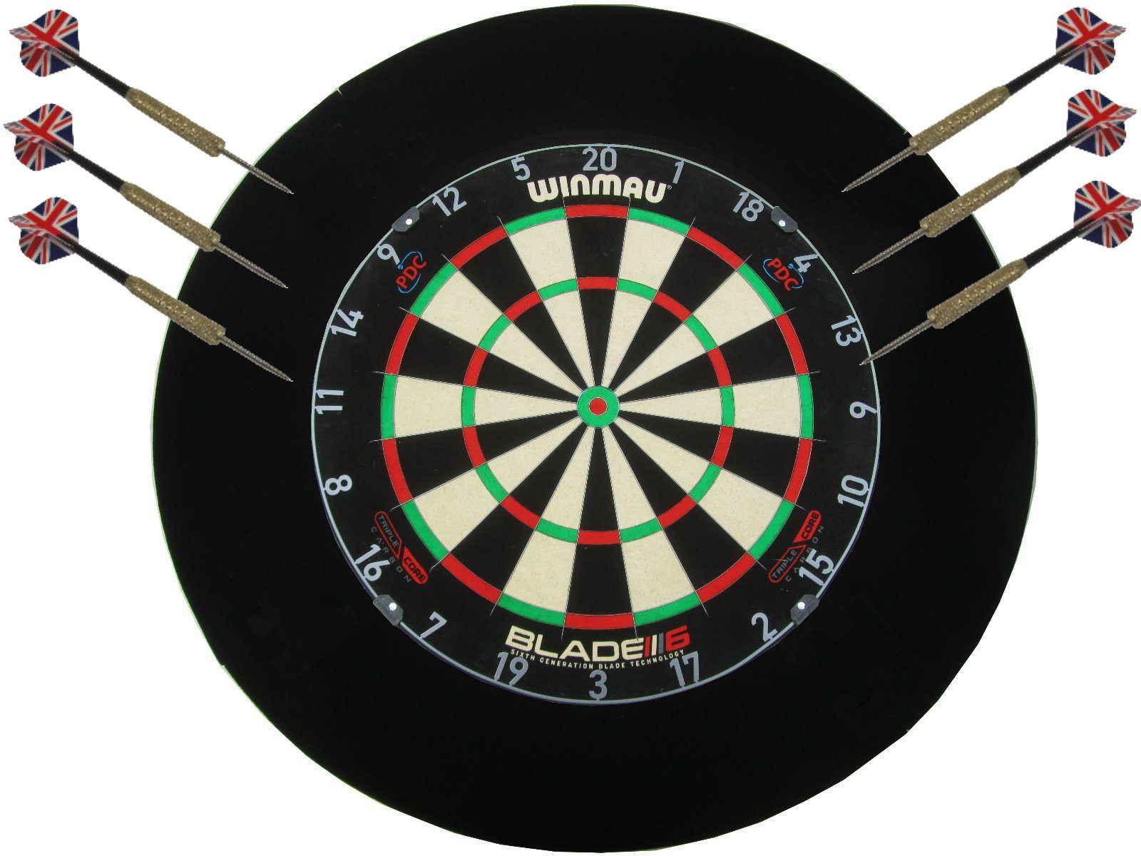 Dartscheibe Dartboard Winmau Blade 6 Triple Core Carbon Surround schwarz Pfeile