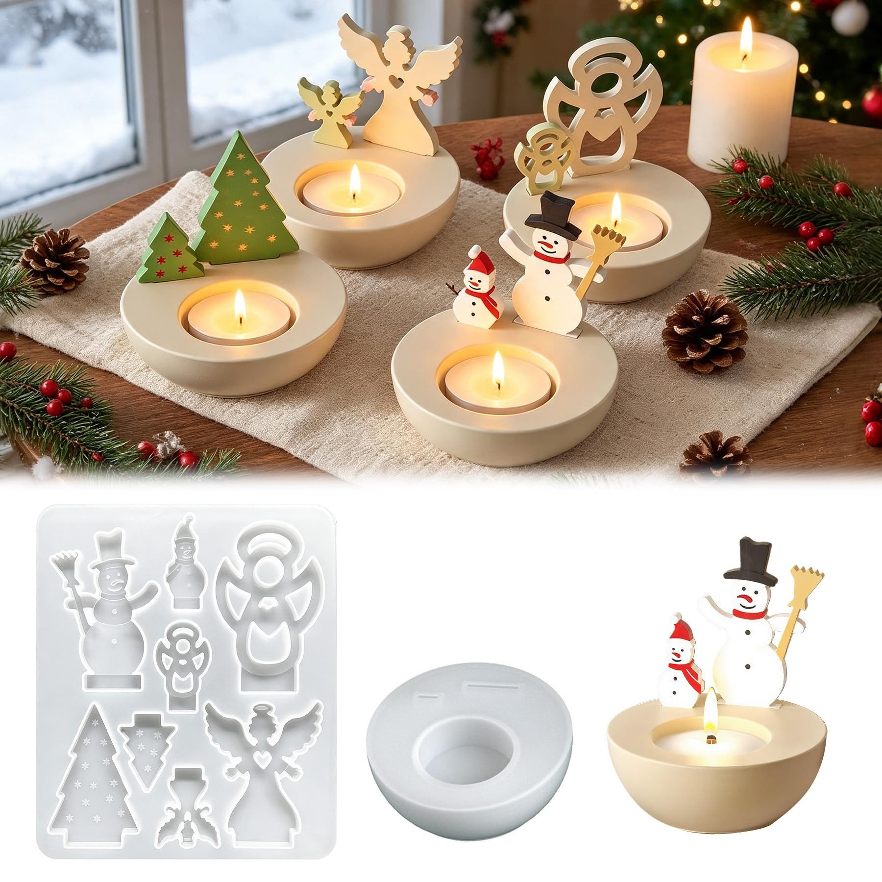 FOUORTUNATE-BEE Silikonform Silikonform Weihnachts Kerzenständer Schneemann Weihnachtsbaum Engel, (Silikonform, Gießform, Weihnachtsdeko, für Bastelarbeiten)